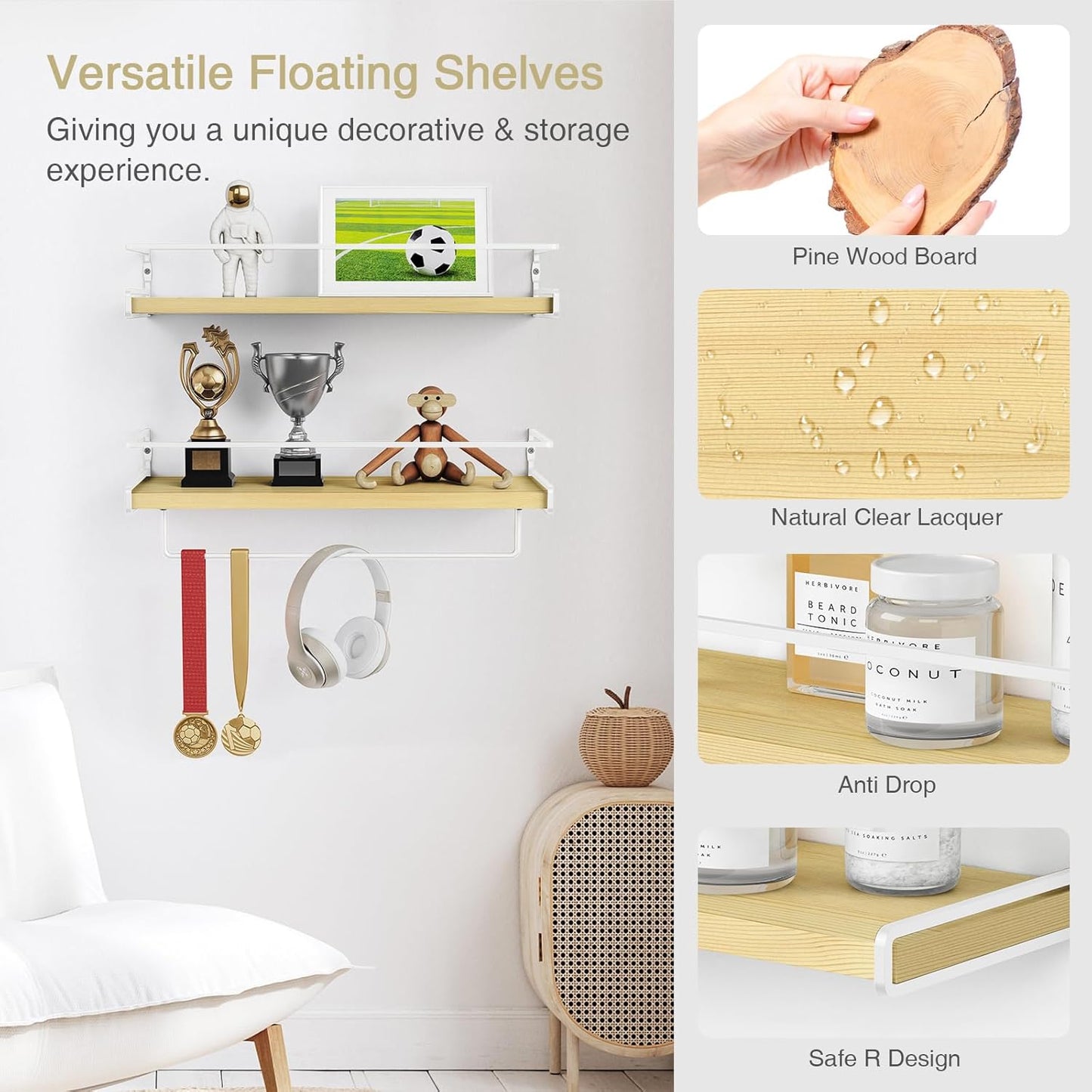 Forbena Floating Shelves for Wall with Rail, White and Natural Wood Nursery Book Shelves for Baby Girls Boys Kids Room