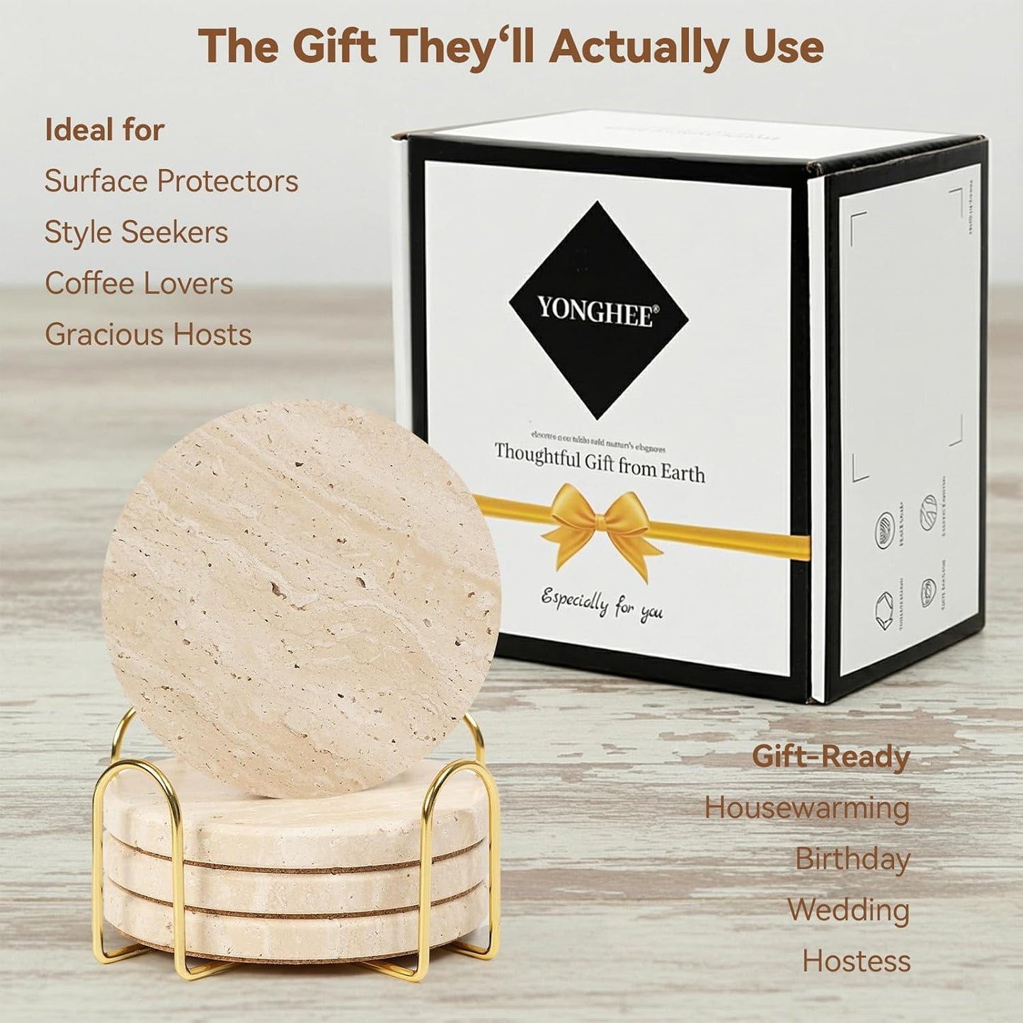 Holder / Elegant Rustic Farmhouse Coasters for Drinks / 5th Style - with Holder / Beige / Set of 4