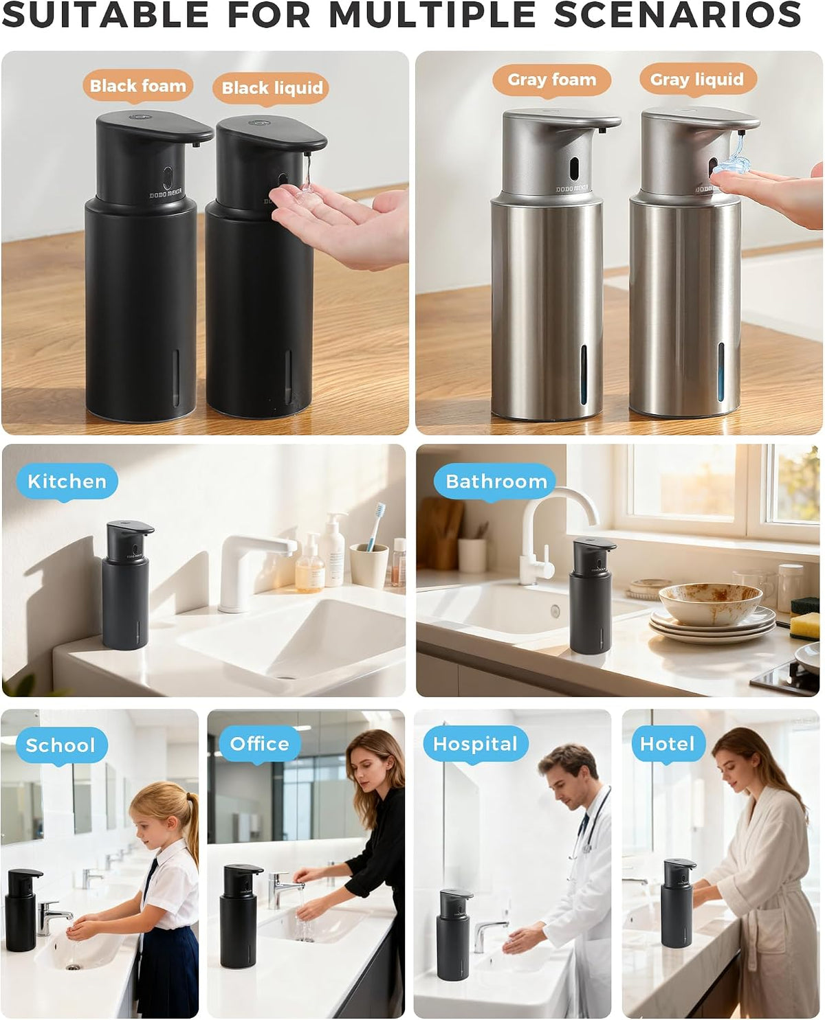 Automatic Liquid Soap Dispenser Touchless, 304 Stainless Steel Bottle Body | 16.2oz/480ml Rechargeable, 3 Adjustable