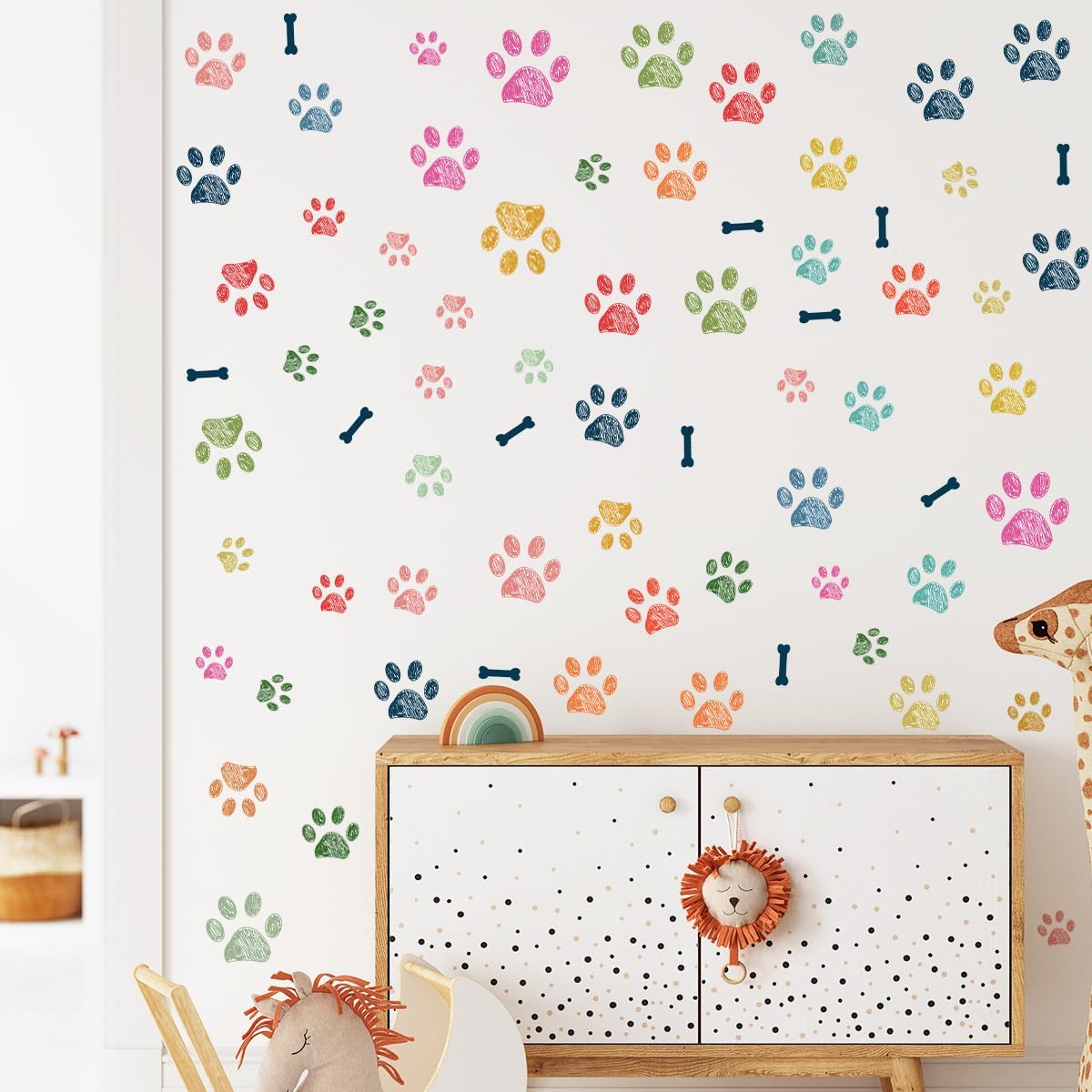 Colorful Doodle Paw Prints Wall Decals Paws Wall Stickers Peel and Stick DIY Paws Wall Decor / Dog