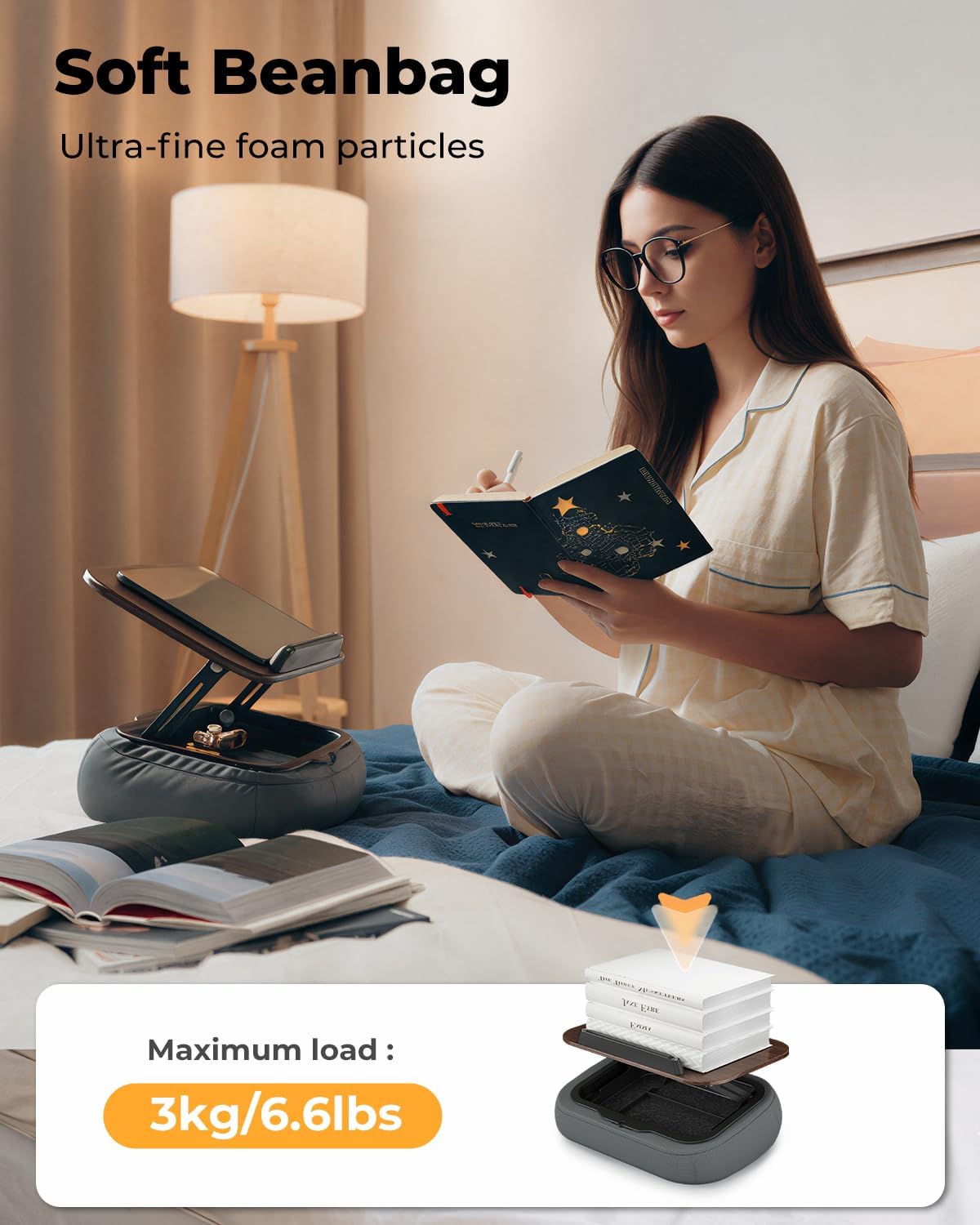 Lap Beanbag Book Stand with Storage, Adjustable Reading Pillow for Bed & Desk, Multi-Angle Book Stand Pillow Holder