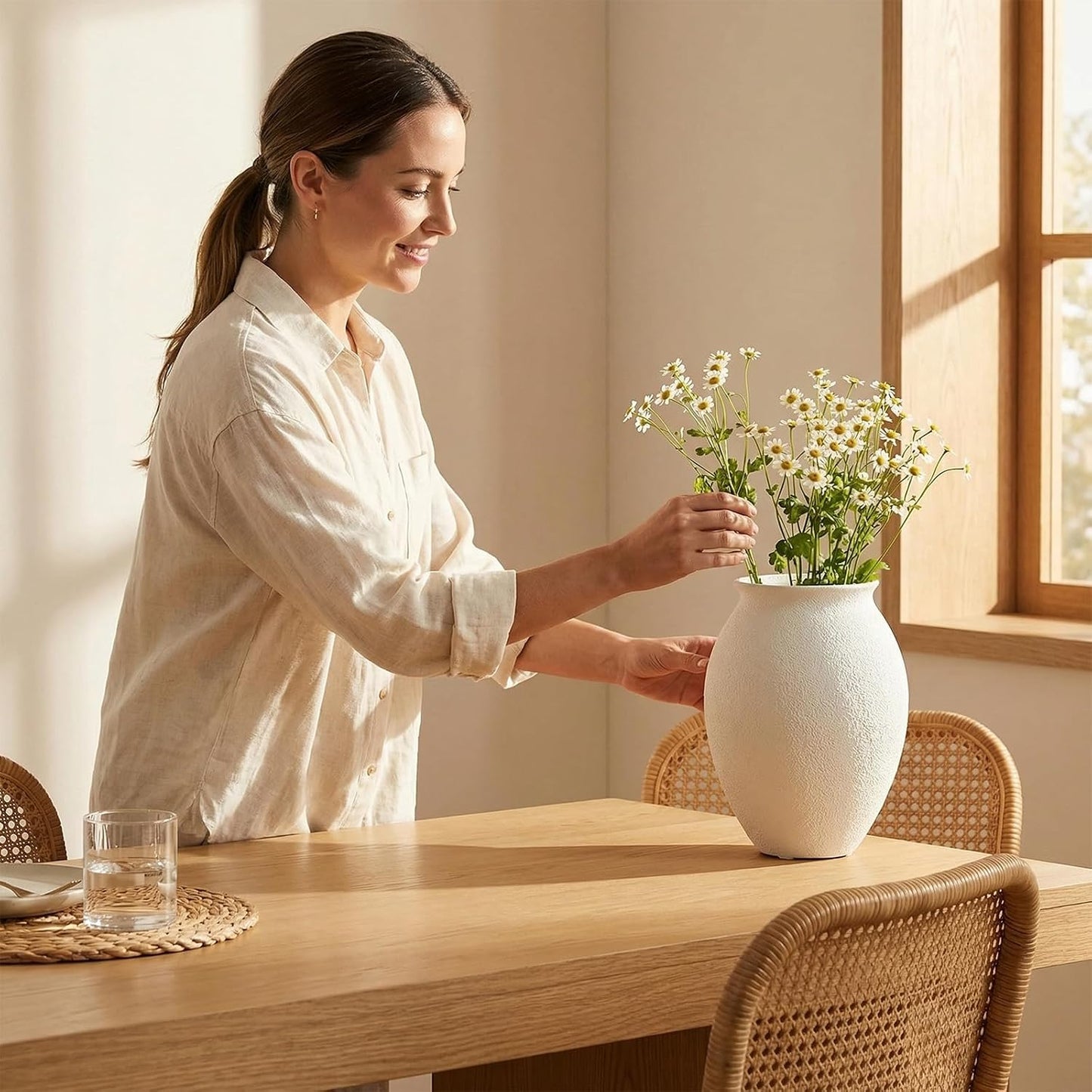 Textured Ceramic Vase / Sandstone White / 10.2 Inch