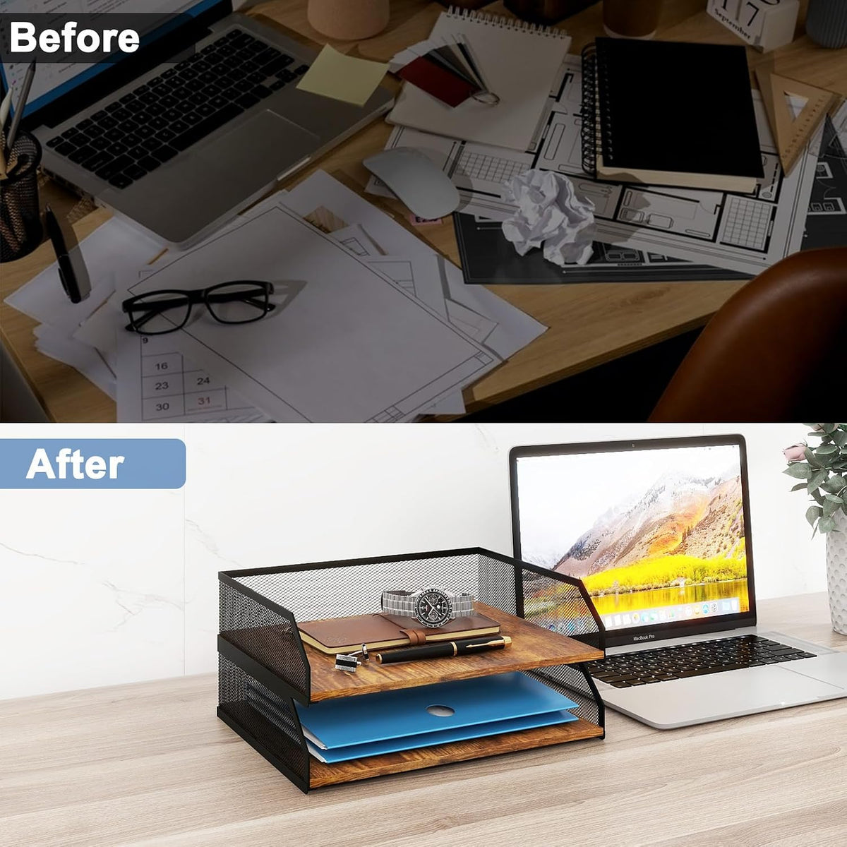 Natwind 2-Tier Stackable Metal Mesh Paper Tray Organizer,Retro | Wooden Desk Organizer, Letter Tray For Desktop,File