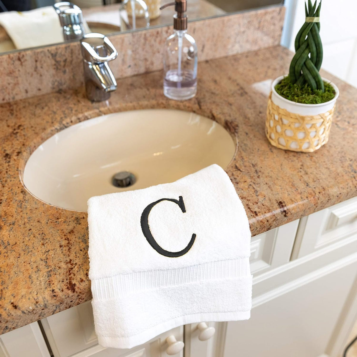 White with Dark Gray Monogrammed Hand Towels for Bathroom Set of 2 Letter C | Luxury Hotel Quality Initial Towels For