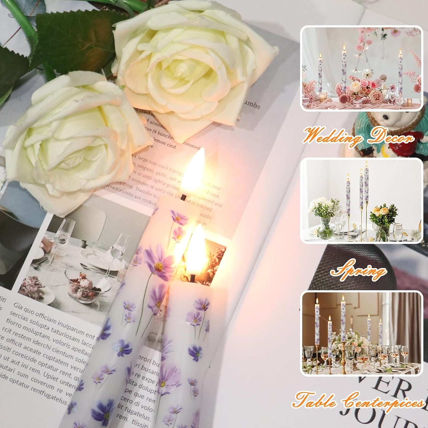 Flameless Taper Candles Flickering with Remote, Purple Floral | LED Taper Candles Flickering, Battery Operated