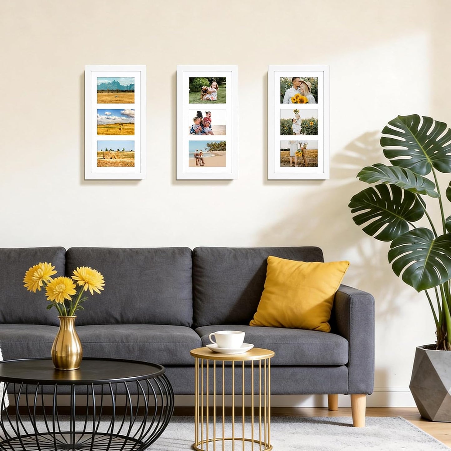 Golden State Art 9x18 White Wood Frame - for Three 5x7 Pictures, 3 Pack | Matted to 3 5x7 Picture,Solid Wood Collage
