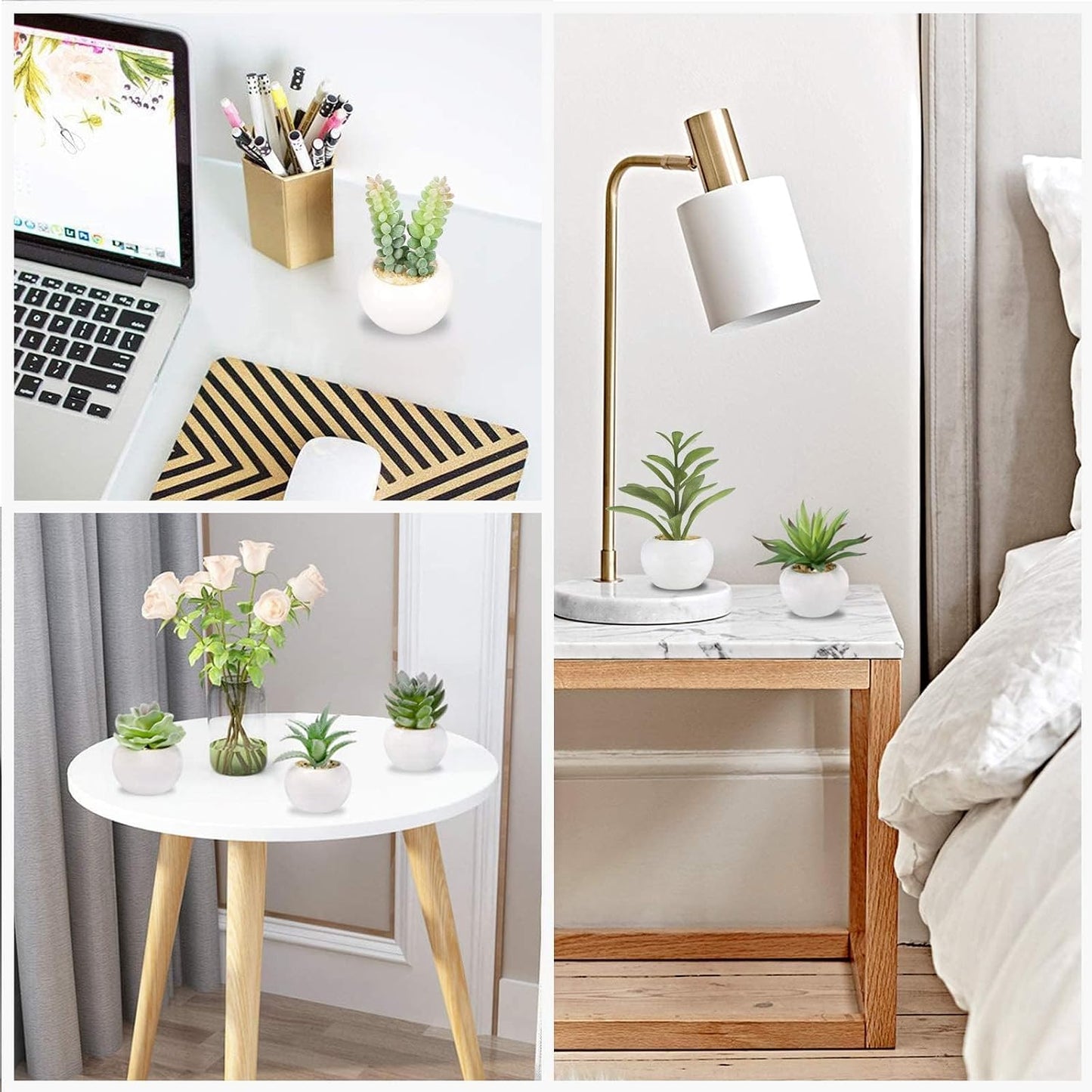 Mini Artificial Succulents Plants in Ceramic Pots Small Fake / Green-ceramic White Pot / Set of 6