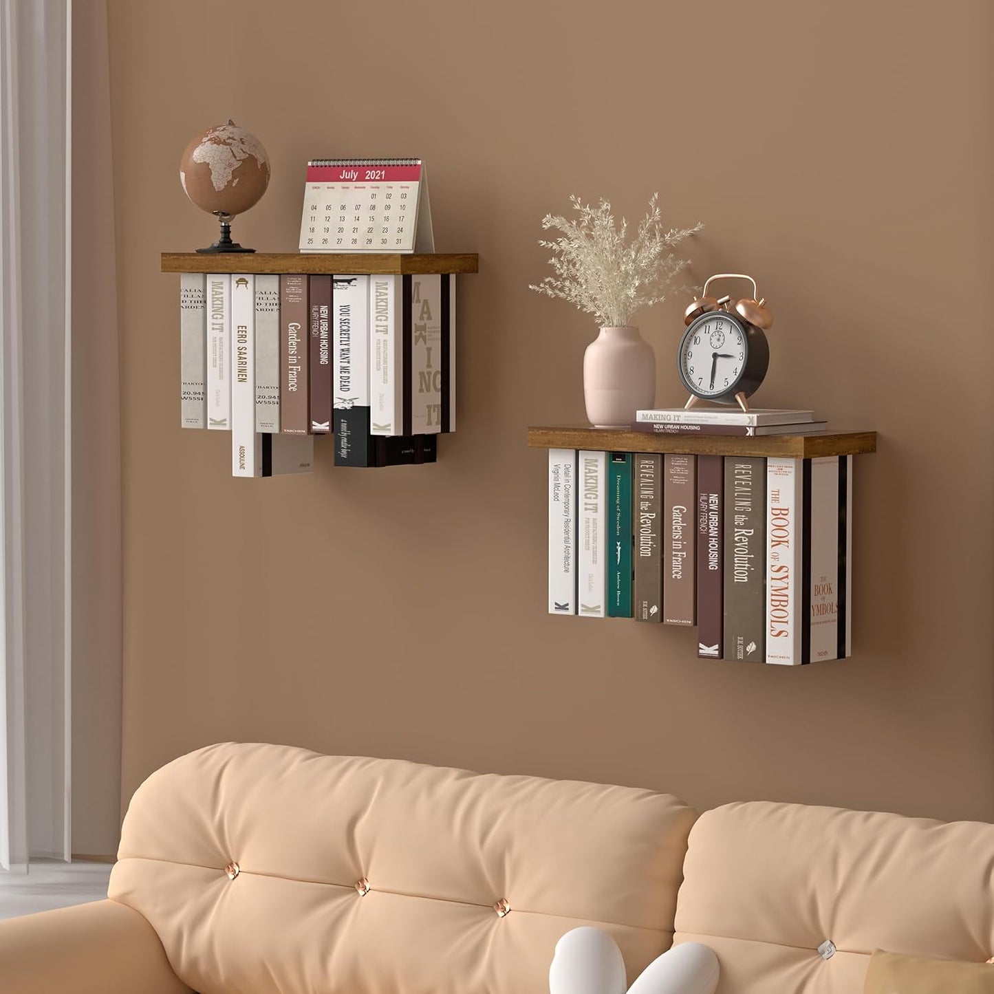 Floating Book Shelves for Wall Set of 2, Unique Wood Hanging Bookshelf | Easy Install Wall Bookshelf with Anti-Tilt