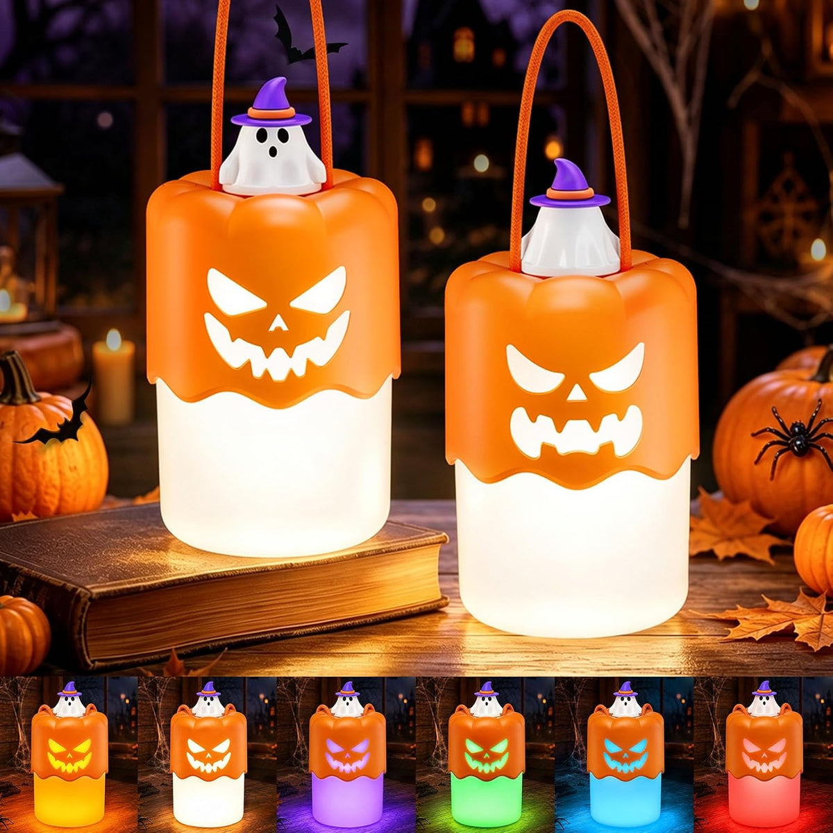2 Pack Halloween Pumpkin Lanterns, Light Up Jack O Lantern Halloween Decor