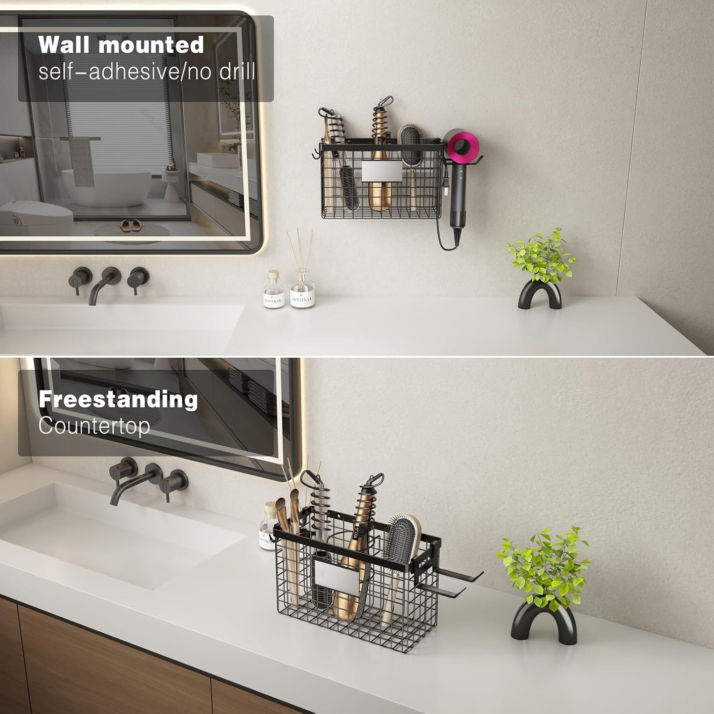 Voldra Hair Dryer Holder Cabinet Door, Adhesive Hair Tool Organizer Wall Mount Adjustable Height Blow Dryer Holder