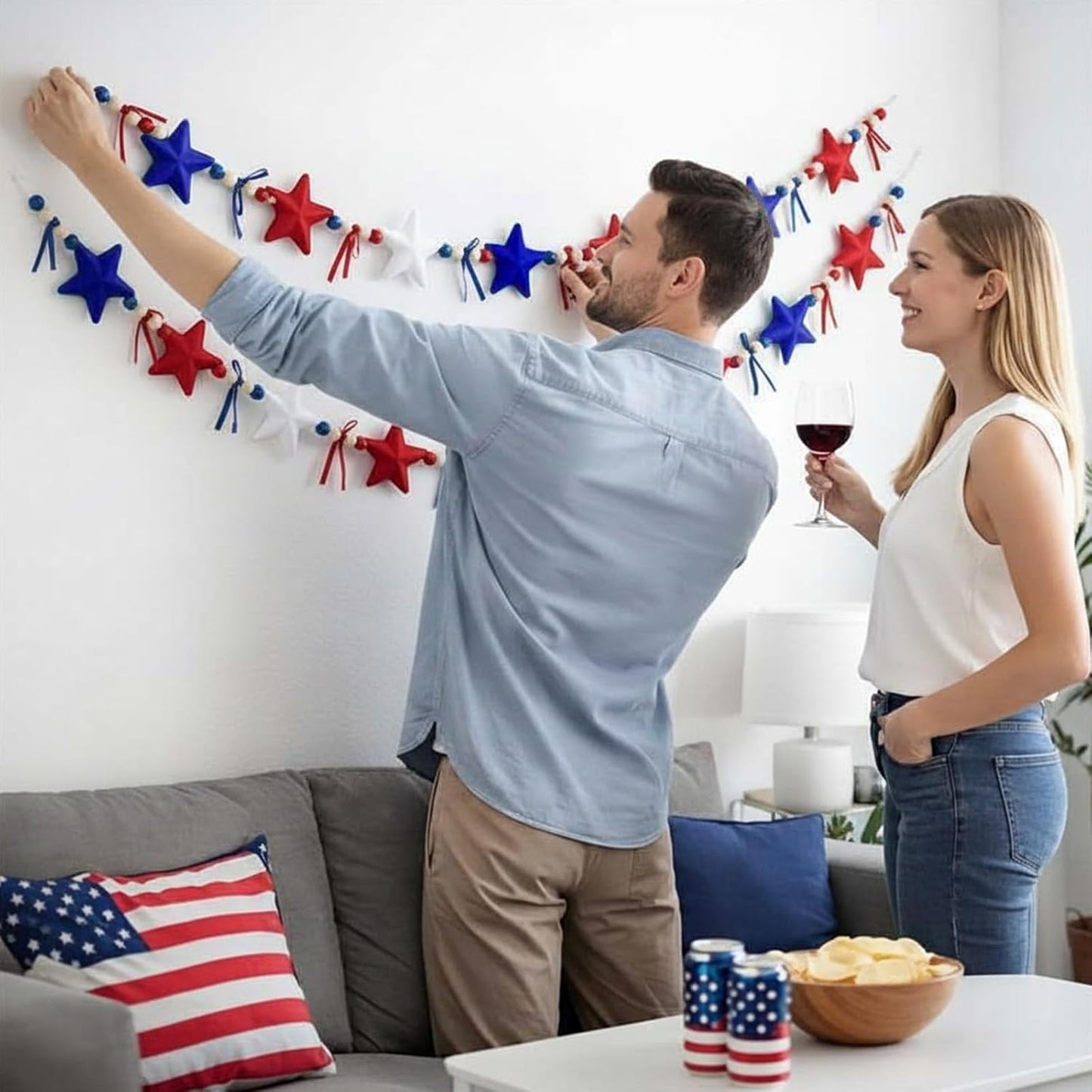 Decorations Patriotic Garland Wooden Beads Banner / 4th of July / Red and Blue / 4.92 ft