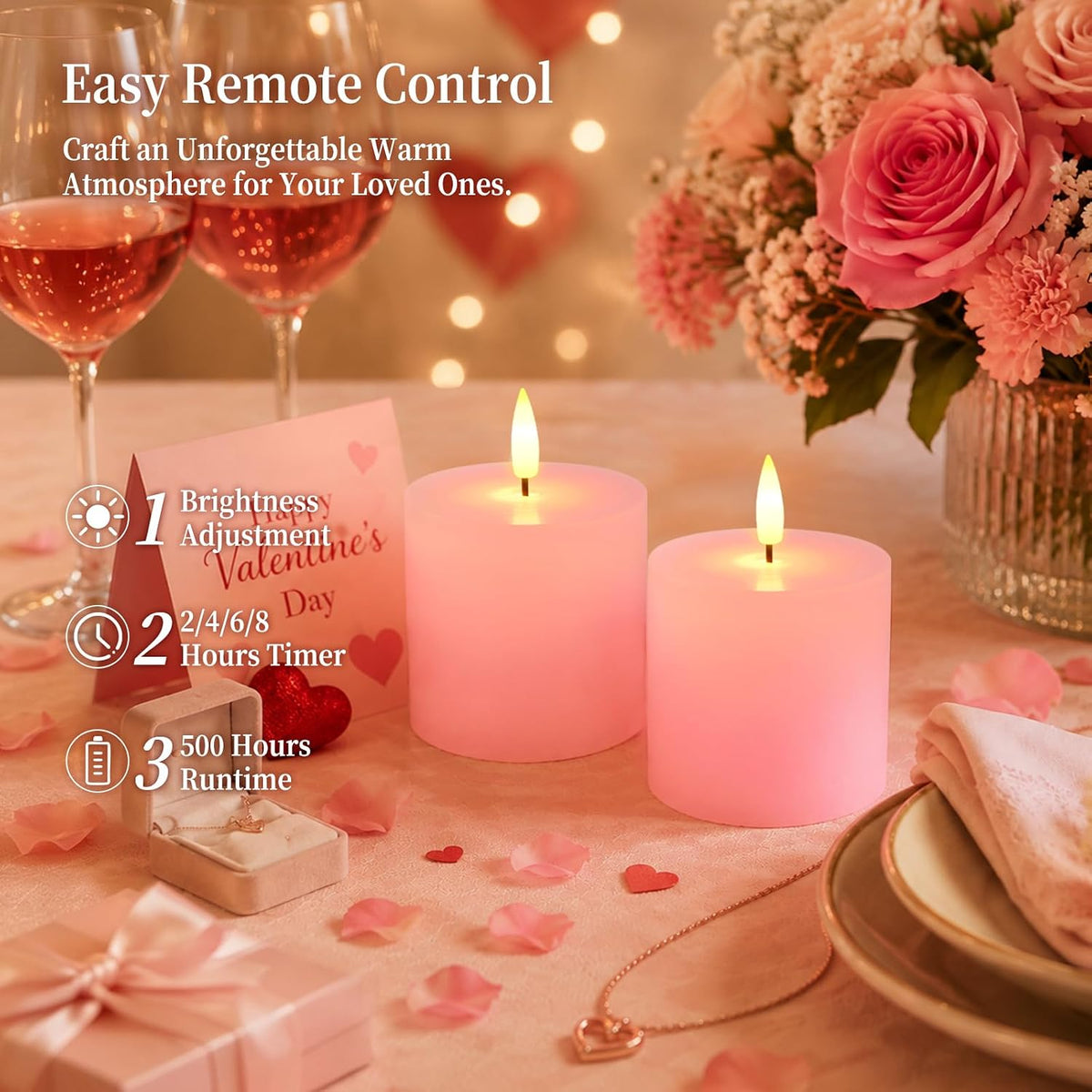 Homemory 3x3 Pink Flameless Candles Battery Operated with Remote Timer | Real Wax LED Pillar Candle with 3D Wick Flame