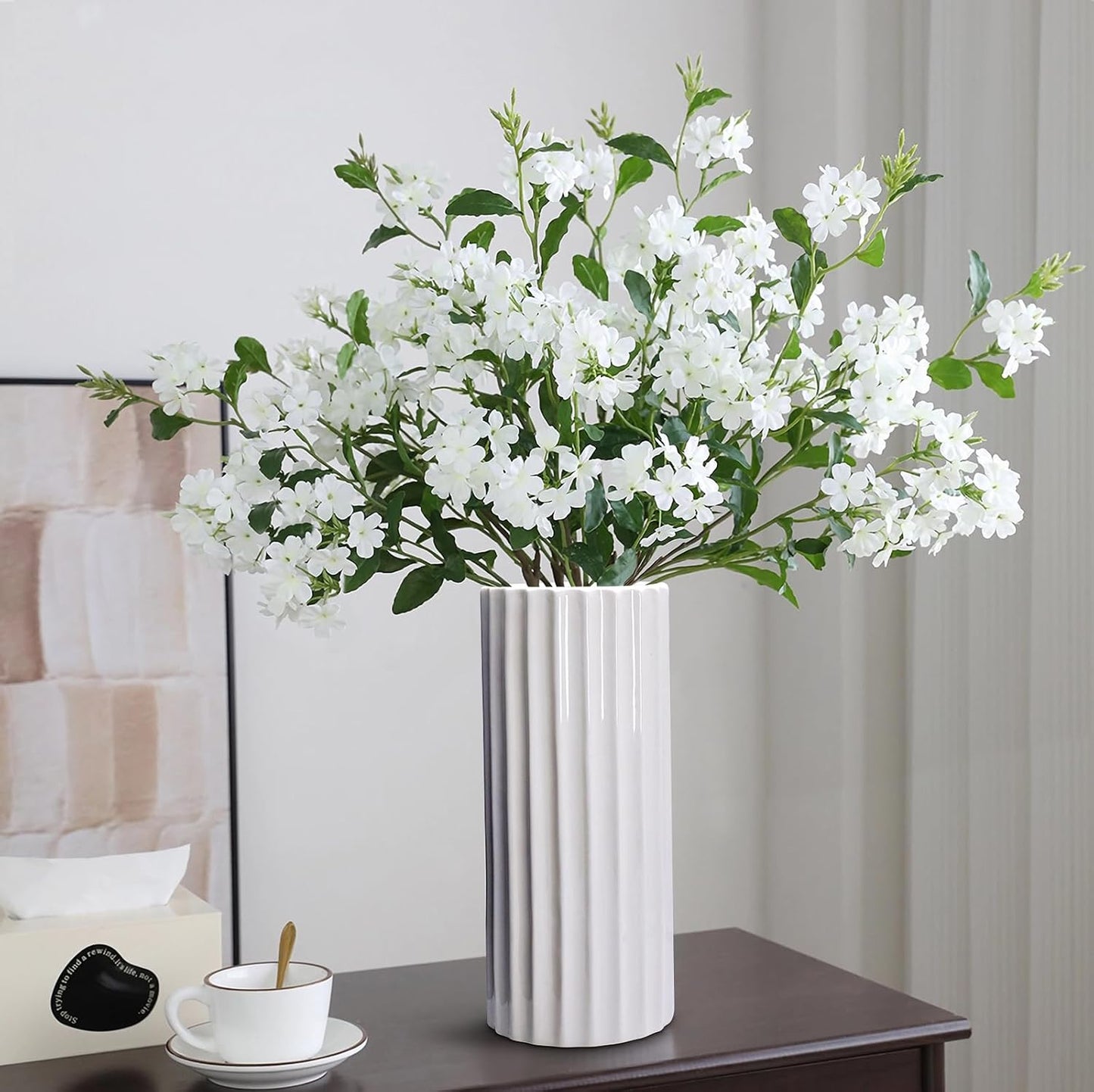 Glazed Ceramic Vase Ribbed Minimalist Waterproof Flower Vase / Straight Cylinder / White