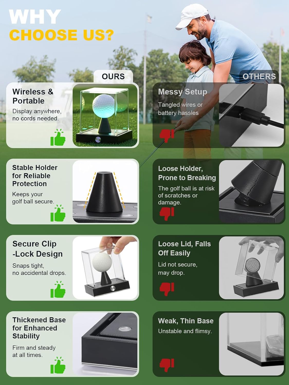 Cordless LED Golf Ball Display Case, Clear Acrylic Single Golf Ball Stand with 10 Color Light up, Autograph Cube