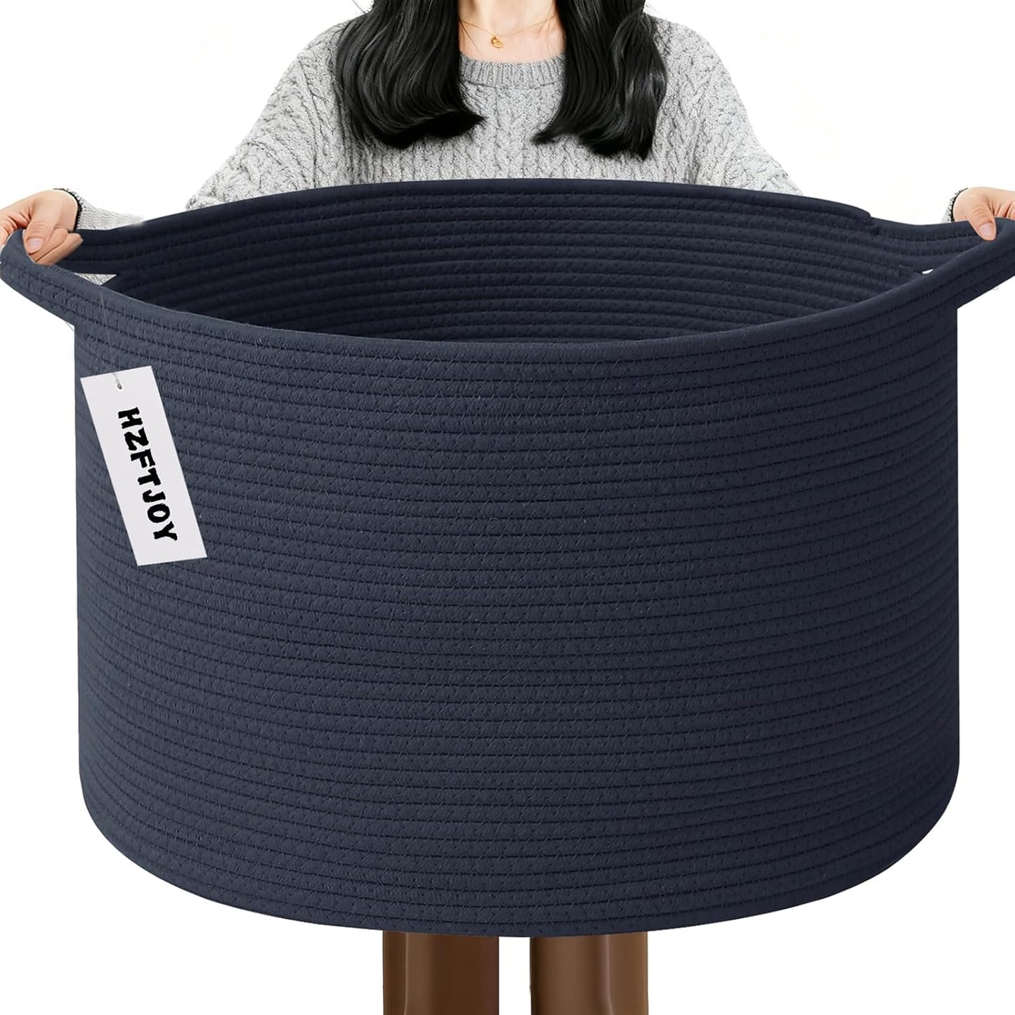 115L Extra Large Woven Cotton Rope Laundry Basket-Navy Blue