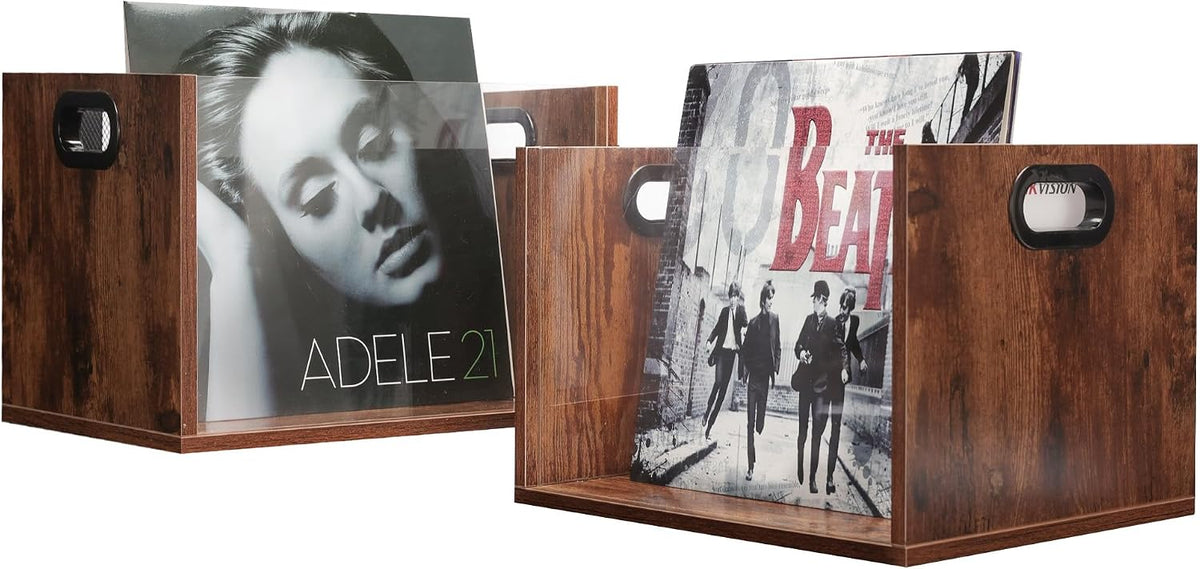 Vinyl Record Storage Crate 2 Pack, Holds up To 60 LPs, Album Visible Storage Box with Acrylic Front, Handle, Wooden