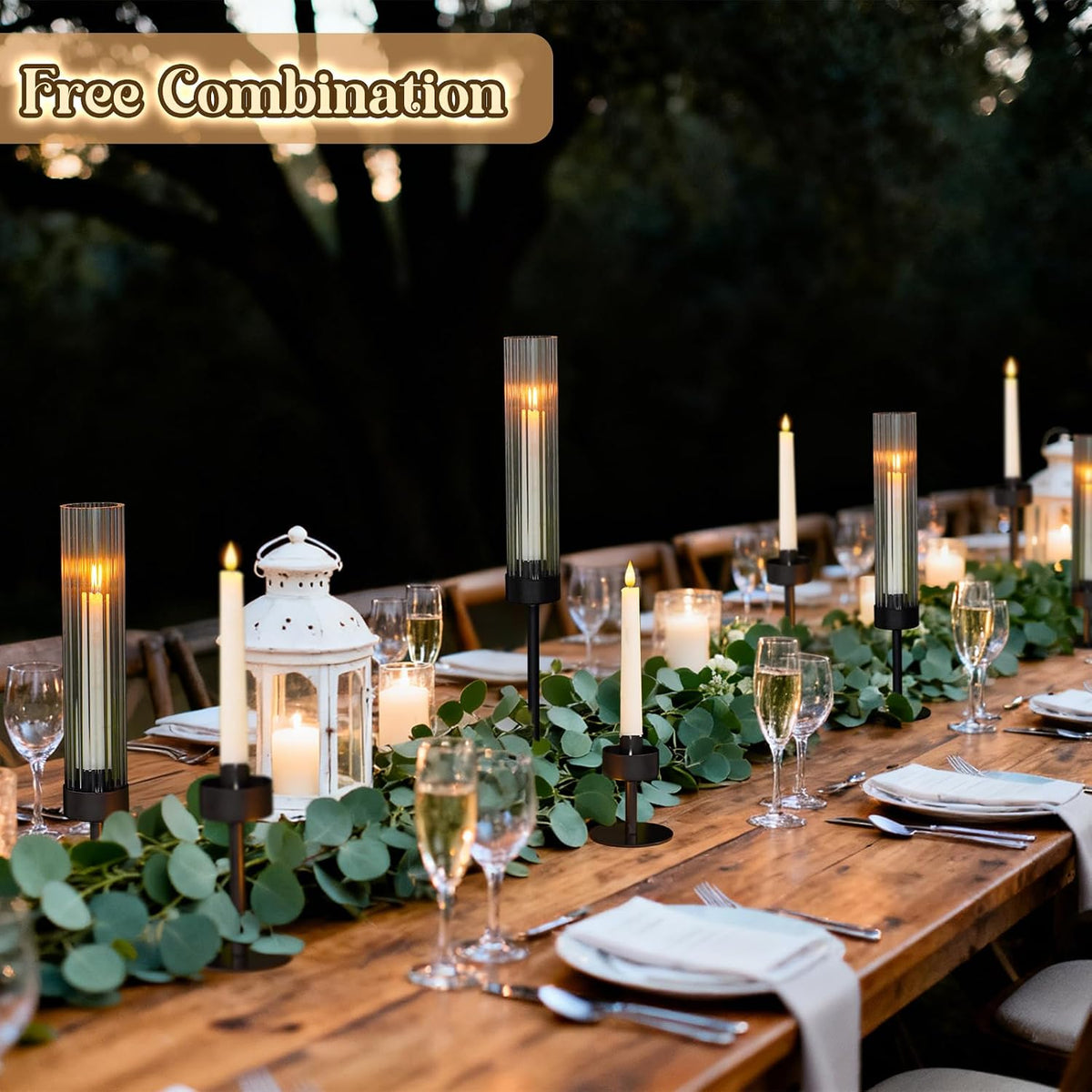 Metal & Acrylic Taper Candle Holders with Ribbed Design - Hurricane Clear Cylinder Candelabra for Wedding, Christmas