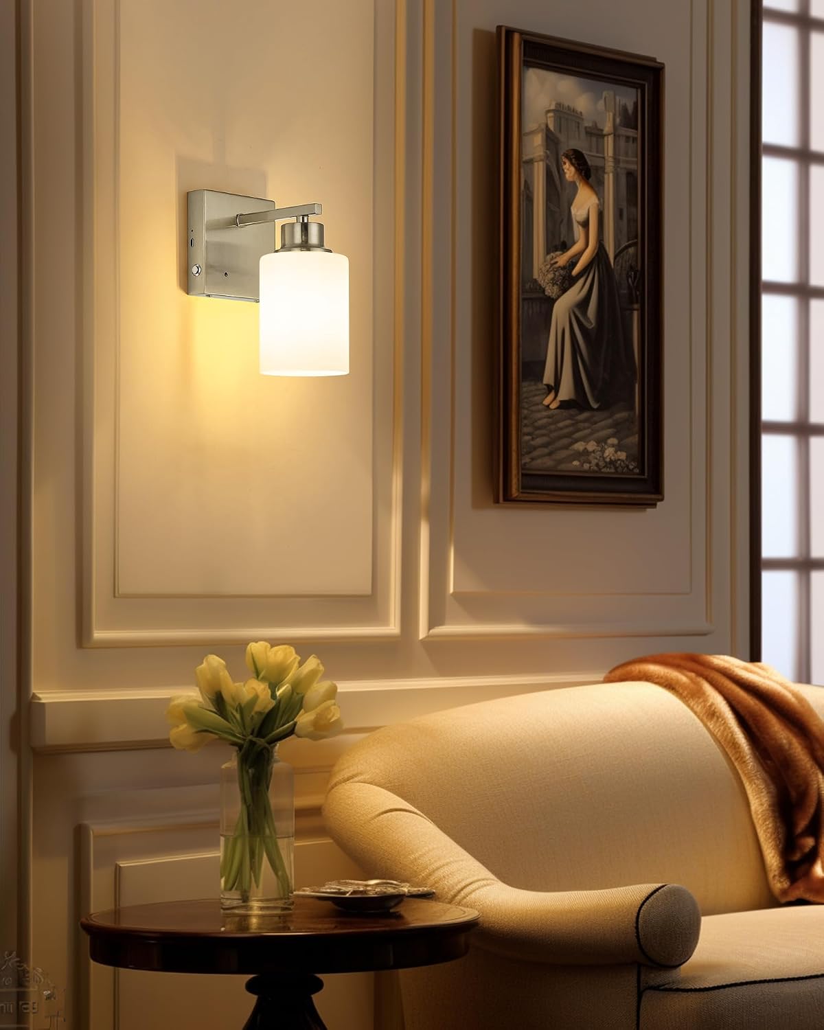 Wireless Battery Operated Wall Sconce Set of Two, Modern White Glass Nickel | Dimmable, Easy Install Rechargeable Wall