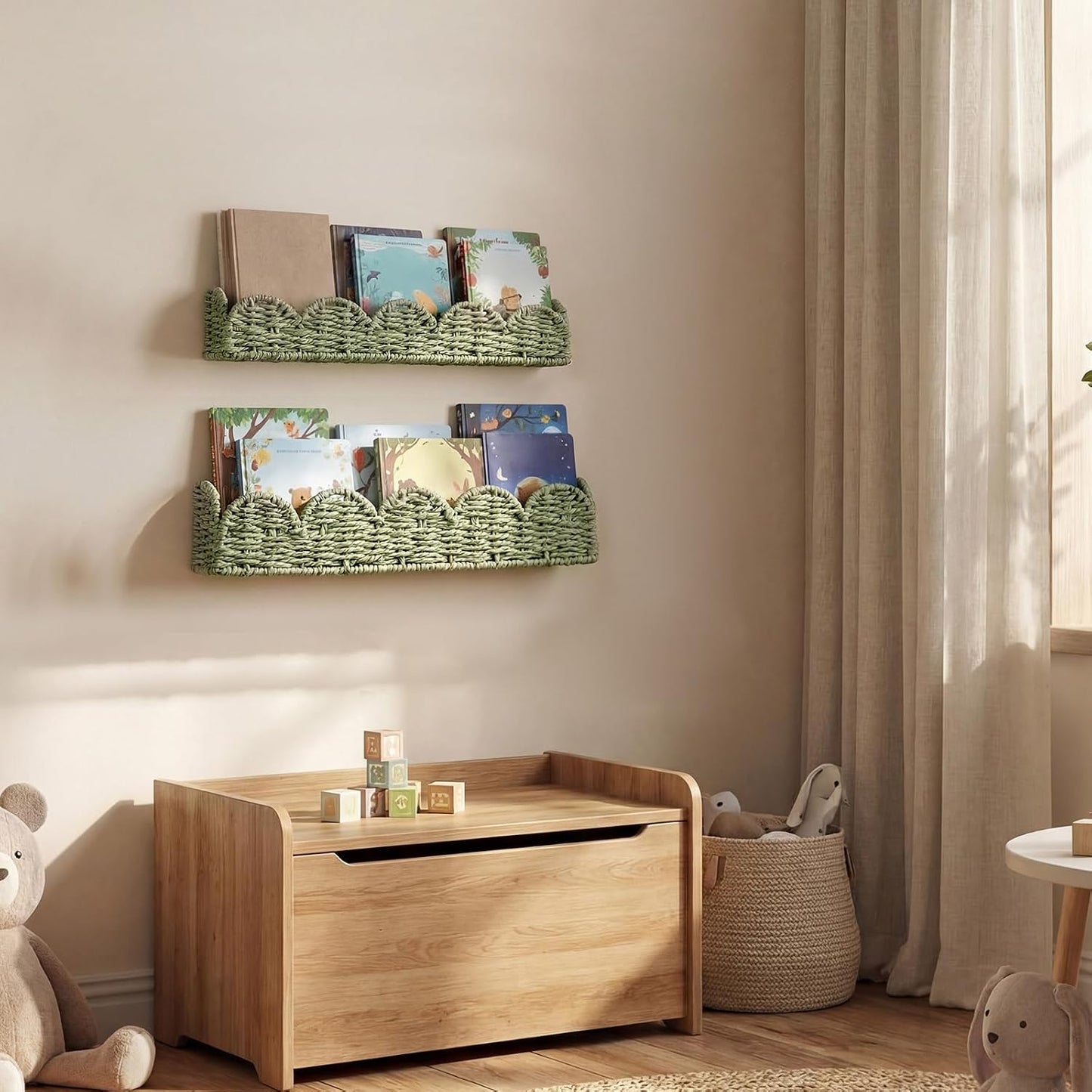 Floating Bookshelf for Kids Scalloped Handwoven Rattan Floating Nursery Book / Sage Green / Set of 2