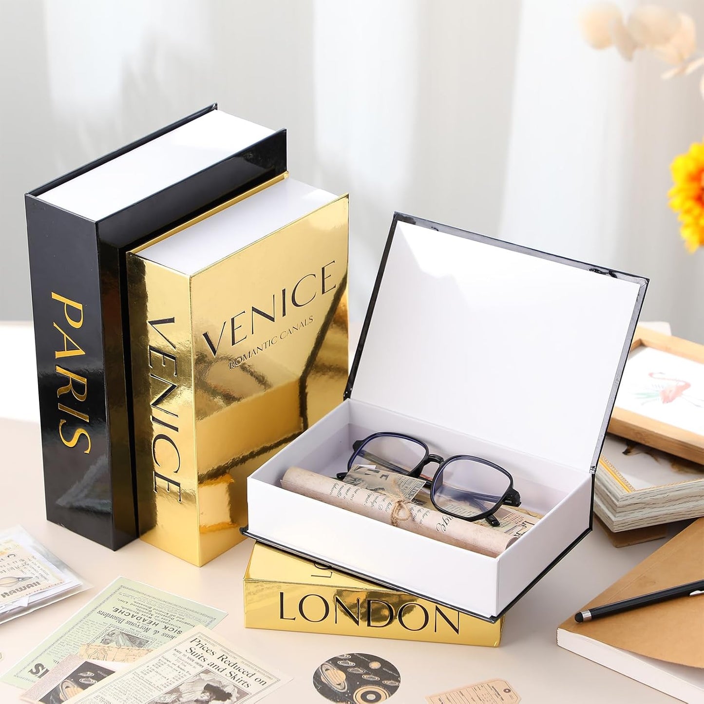 Decorative Books Boxes Faux Books Stacked / Black and Gold / Modern / Set of 4