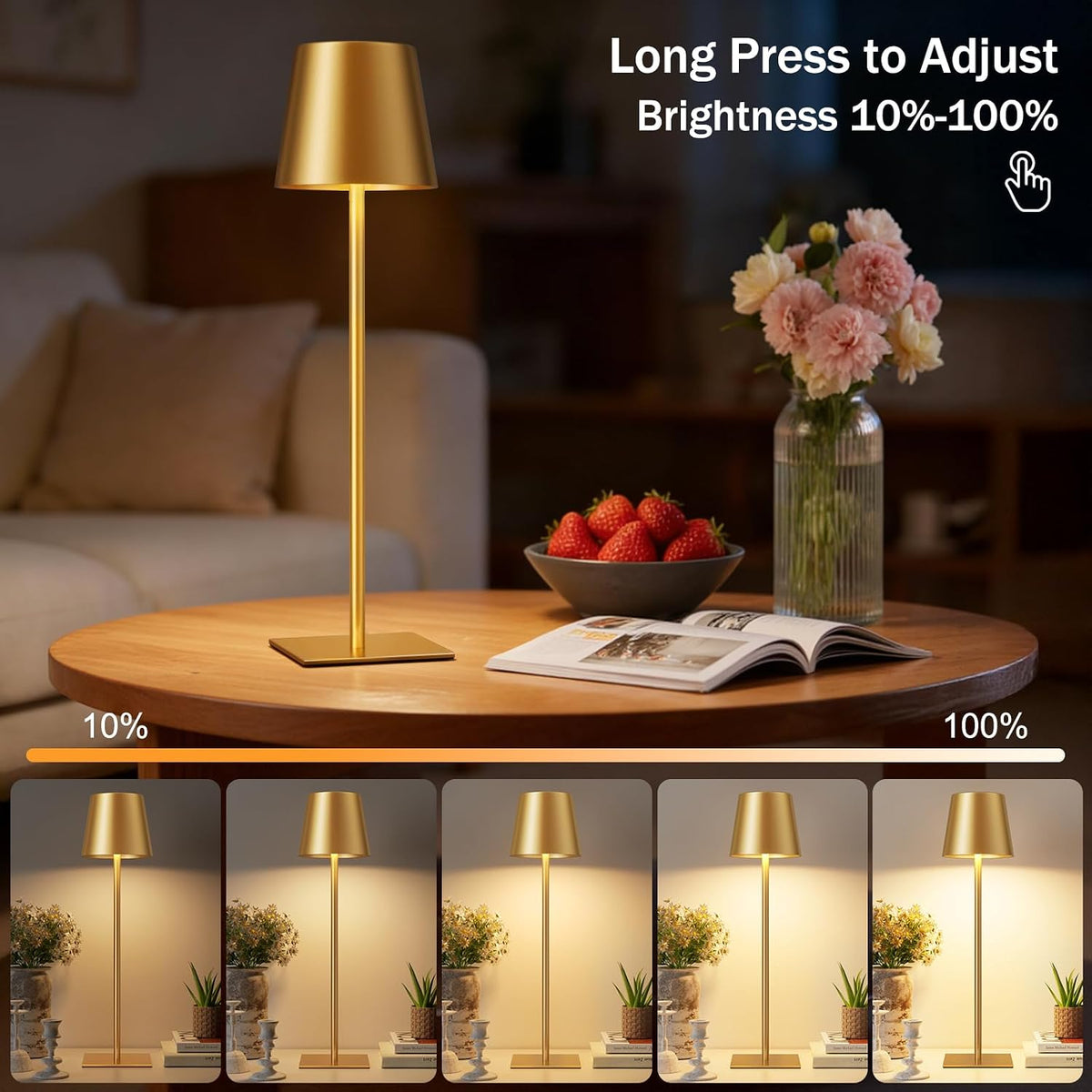 Kakanuo Gold Rechargeable Table Lamp, Cordless Battery Operated Lamp Set | 5000mAh, Touch Control, 3 Color Modes