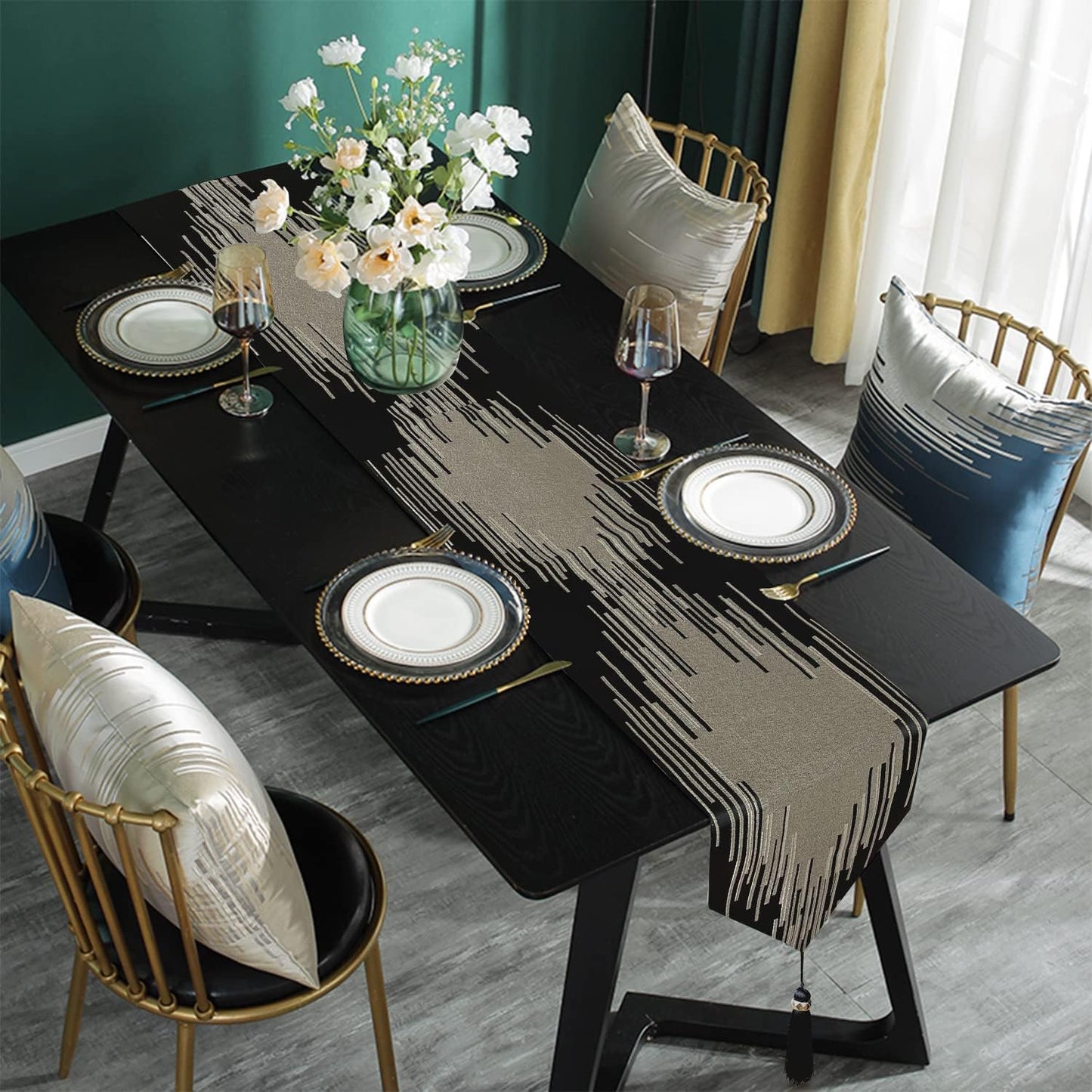 Elegant Black Table Runner,13"x120", Modern Abstract Geometric, Tassels | Table Runners 120 Inches Long, Luxury