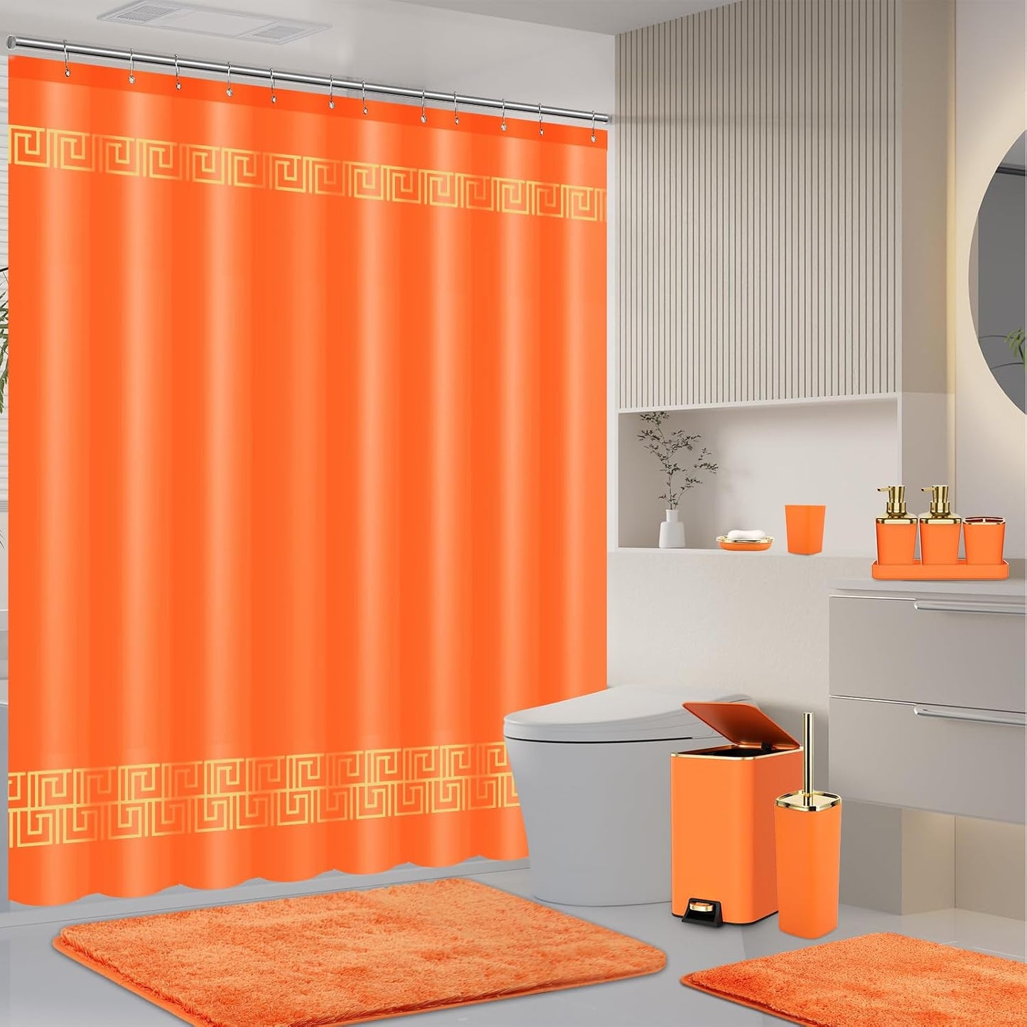 XLHOMO 11PCS Bathroom Sets with Shower Curtain and Rugs Bathroom Accessories Set Orange Bathroom Set,Soap Dispenser &