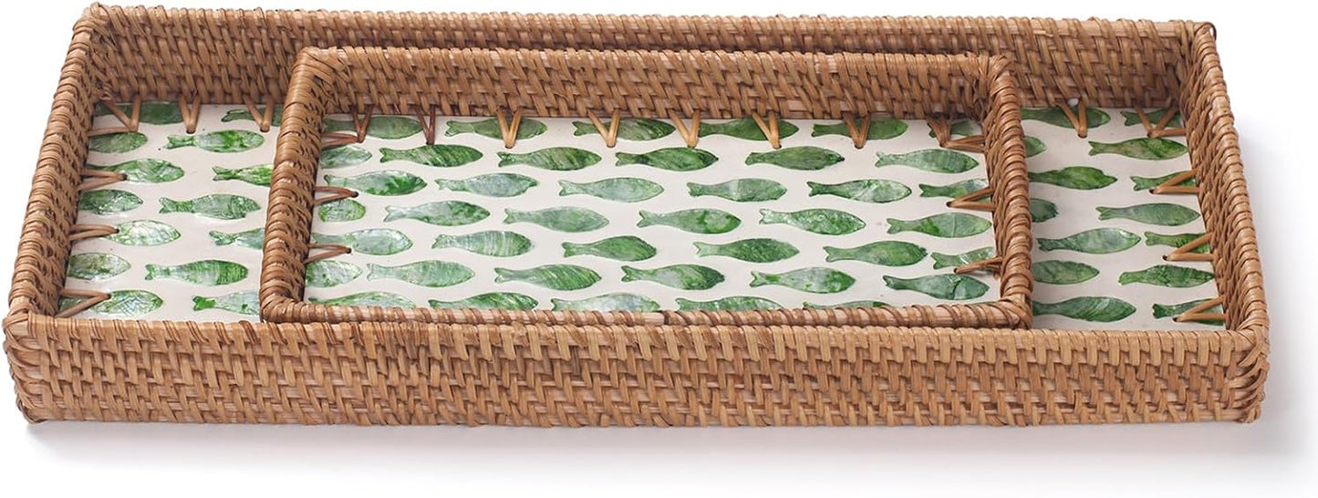 Rattan Bathroom Vanity Tray / Green Fish / Set of 2