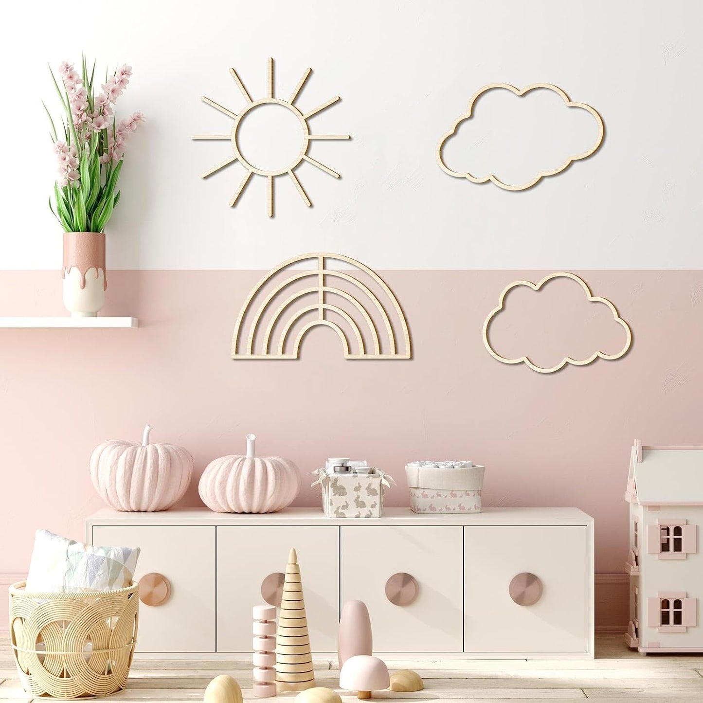 Boho Nursery Cloud Star Wall Decor Wooden Babyroom Moon Rattan Wall / Cloud, Rainbow, Sun / Set of 4