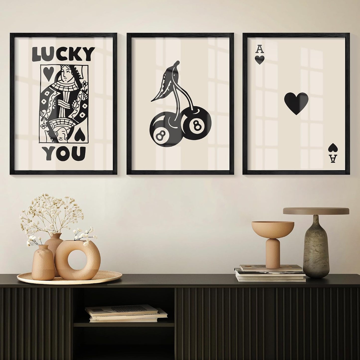 Heiple Framed Set of 3 Poker Wall Art Lucky You Poster, Trendy Retro Print Wall Decor for Queen of Hearts Wall Art