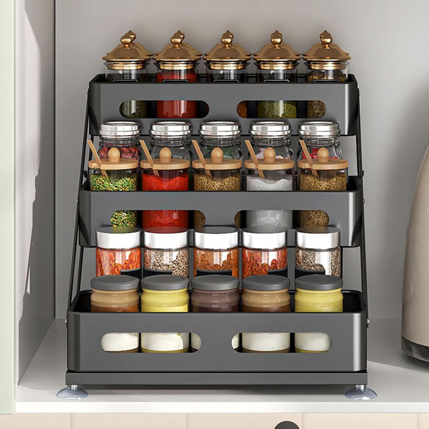 Ceetug 3 Tier Foldable Spice Rack, Black | Iron, For Countertop, Kitchen Seasoning Organizer, For Cabinet