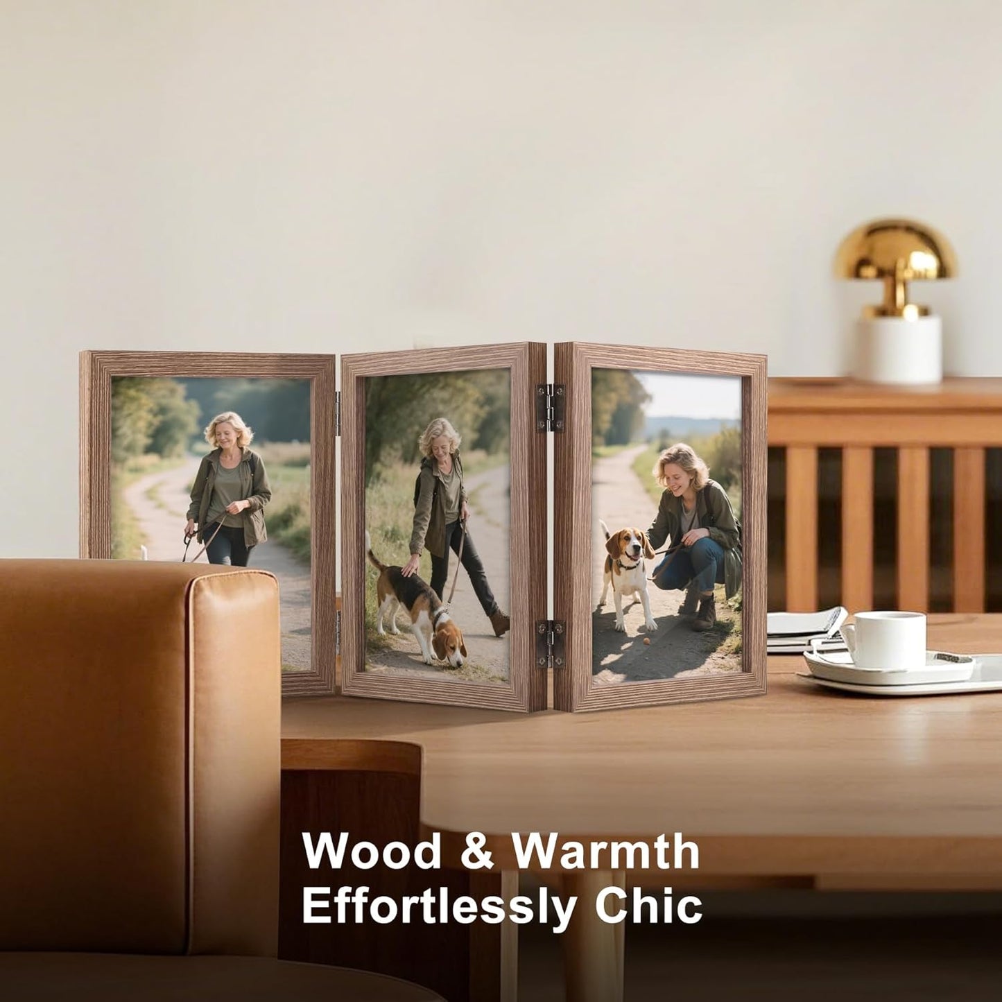 TOFOREVO 4x6 3 Picture Frame Triple Wooden Three Hinged Photo Frame Definition Glass Stand Vertically on Desktop or