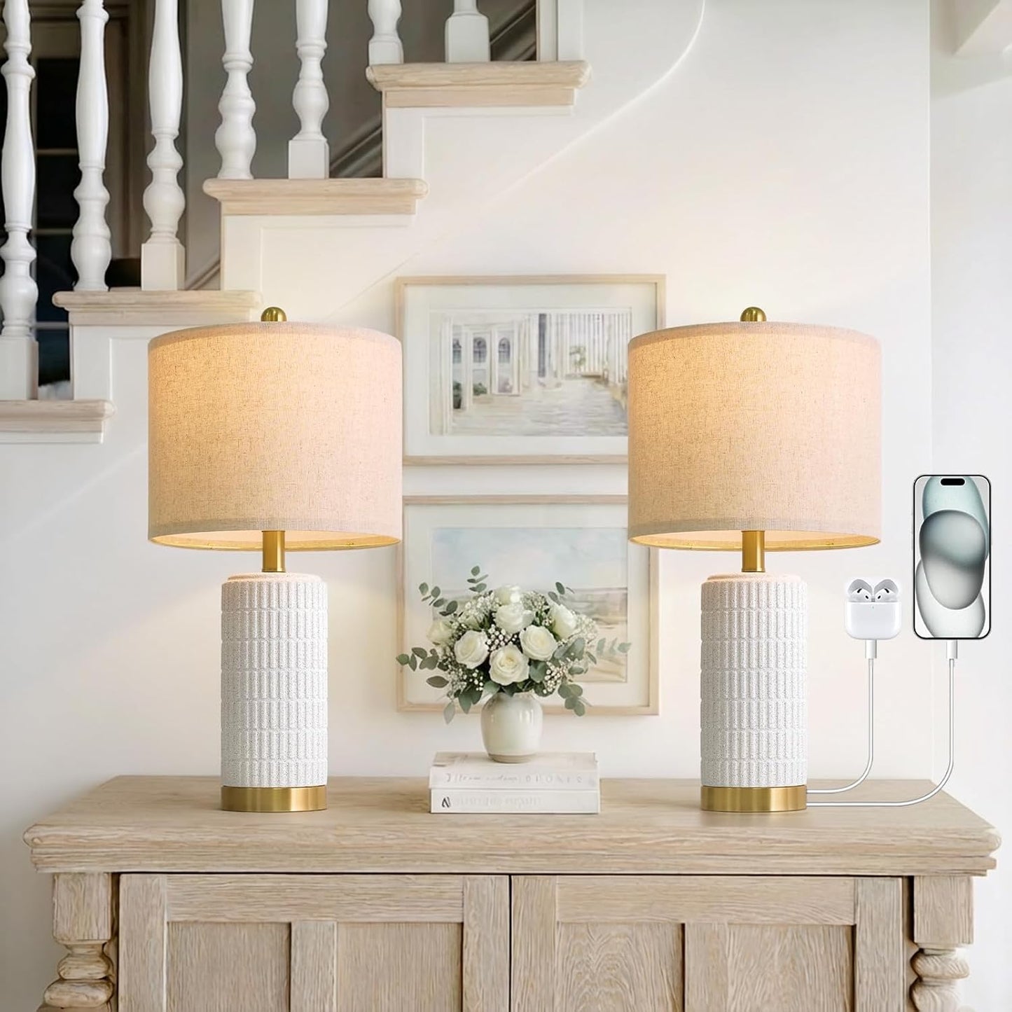 PoKat 21.5'' Stone-Like Bedside Table Lamps Set of 2 for Bedroom with 2 USB A+C, Modern Lamps for Living Room, Ceramic