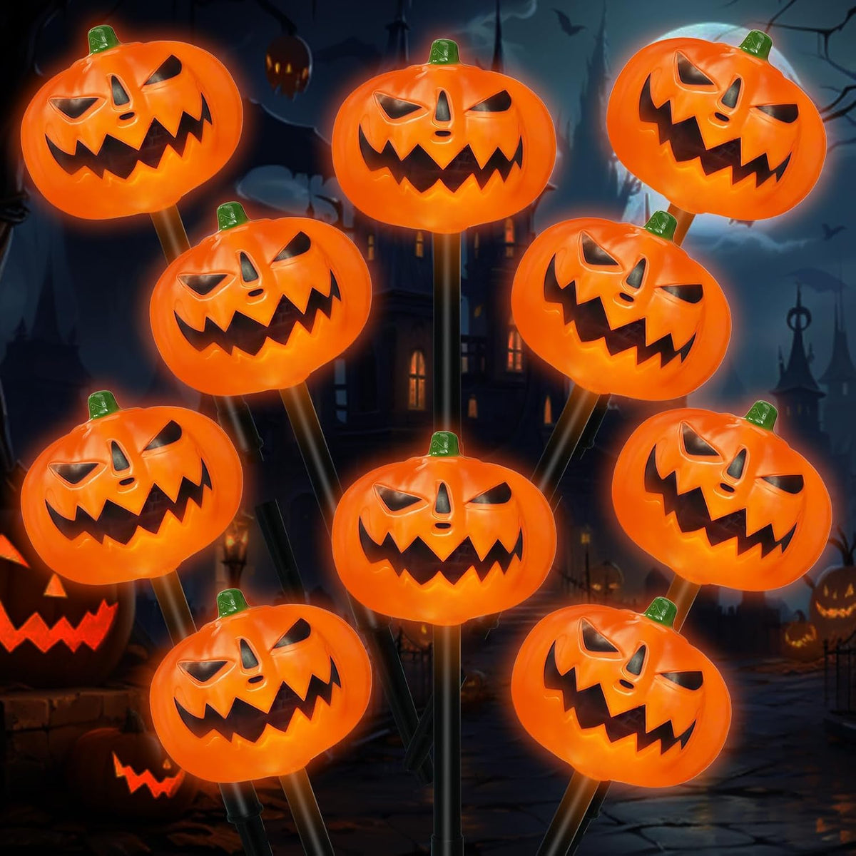 BRIGHTDECK Halloween Solar Pathway Lights Outdoor, LED Decor, Light Up Solar Stake Lights for Holiday, Halloween, Walkway, Sidewalk (Flat Pumpkin, 10-Pack)