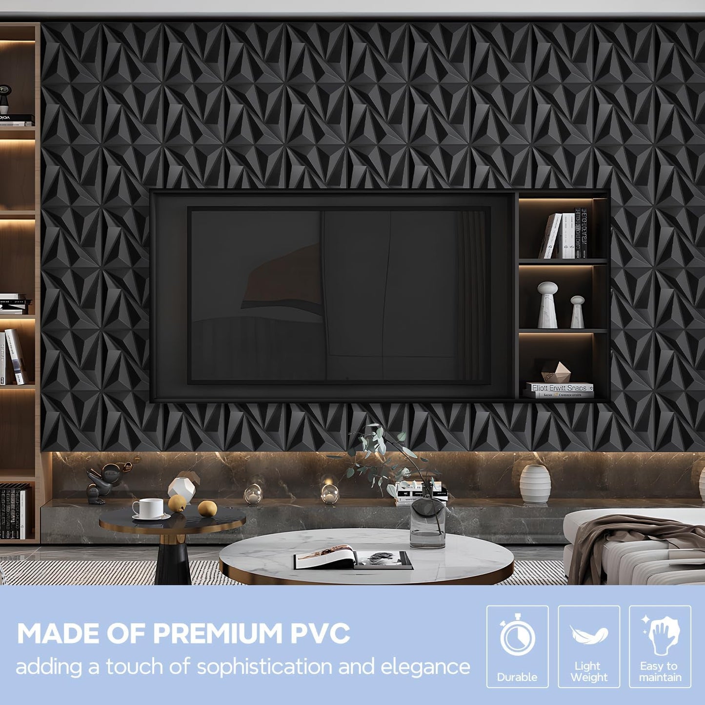 STICKGOO Black Diamond 3D Wall Panels, 12''x12'', 33 Pack | PVC Accent Wall Panels for Interior Wall Decor, Living