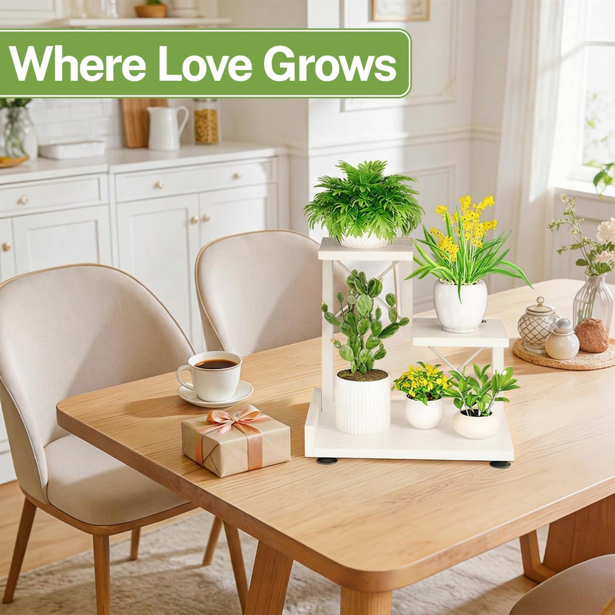 iDavosic.ly Table Top Small Plant Stand, Succulent Holder for Desk, White | 3 Tier Flower Pot Shelf for Desktop, Space