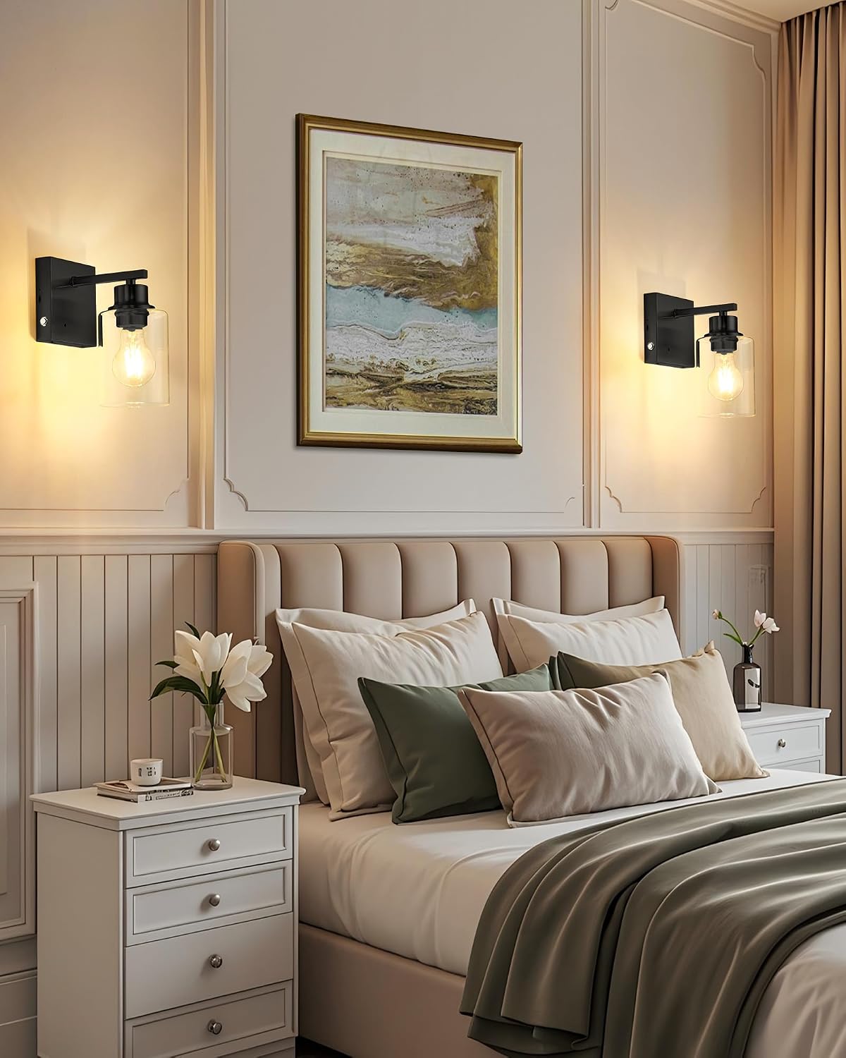 Wireless Battery Operated Wall Sconce Set of Two with Remote Control | Black Dimmable Rechargeable Wall Lights with