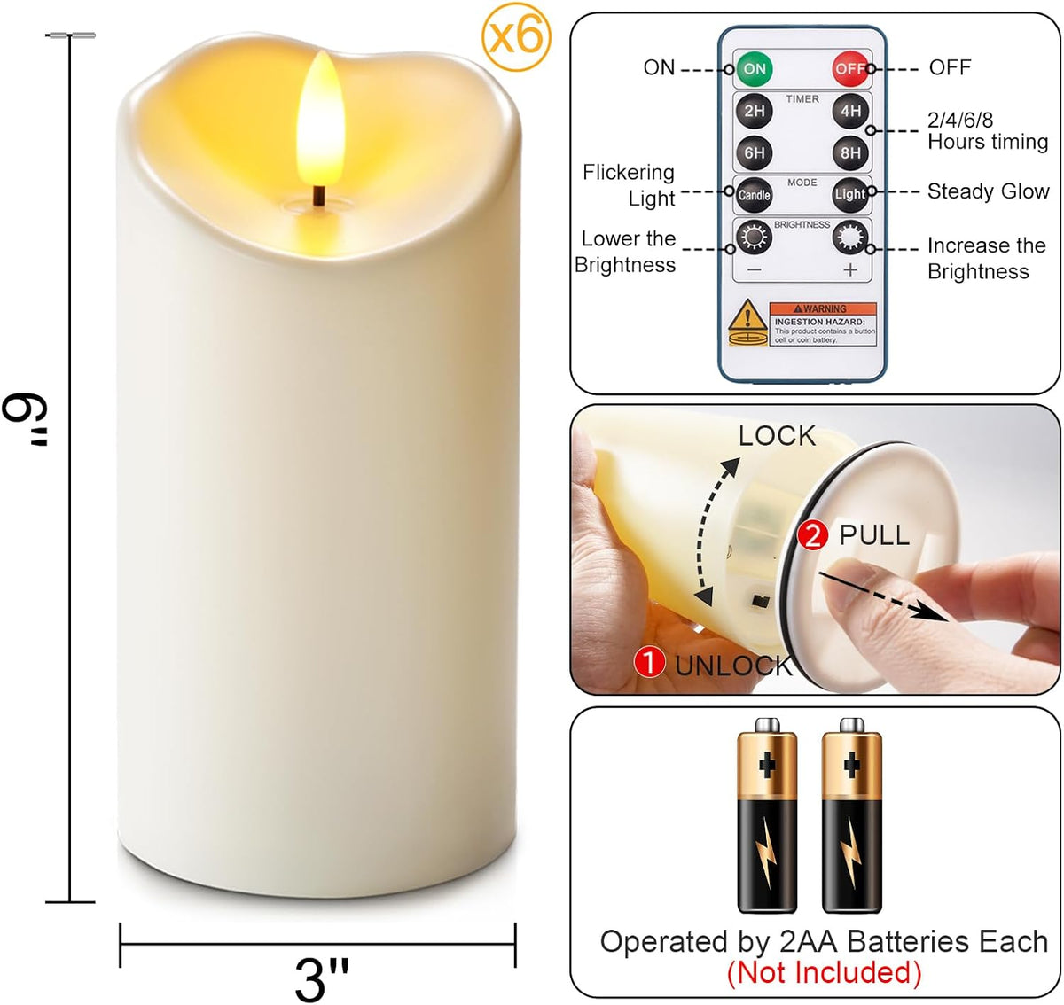 Homemory Waterproof Candles Outdoor, 6 Pack 3"x6" Flameless LED Pillar Candles with Remote & Timer, Battery Operated
