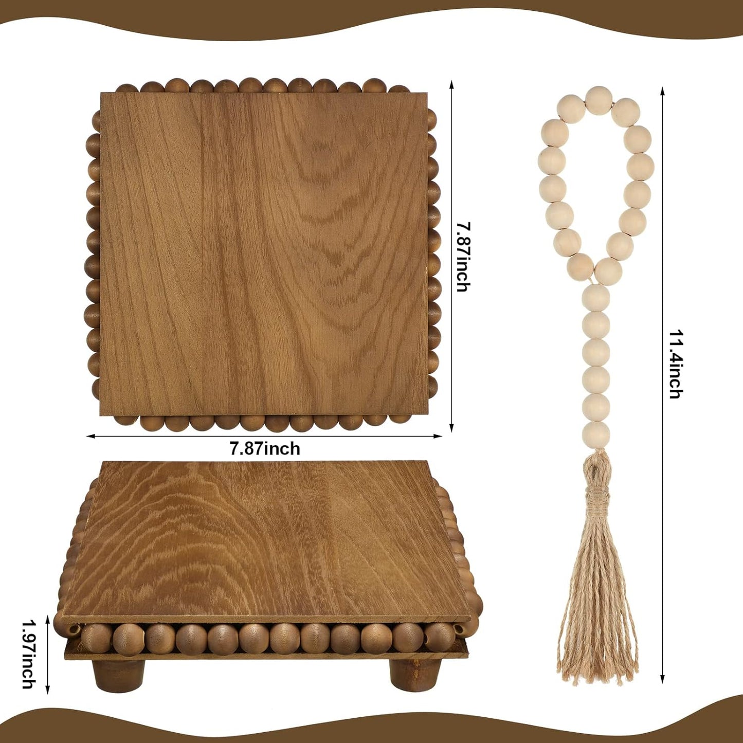 Wood Riser and Wood Bead Garland Set Wooden Trivets Farmhouse Beaded Riser for Display / Brown