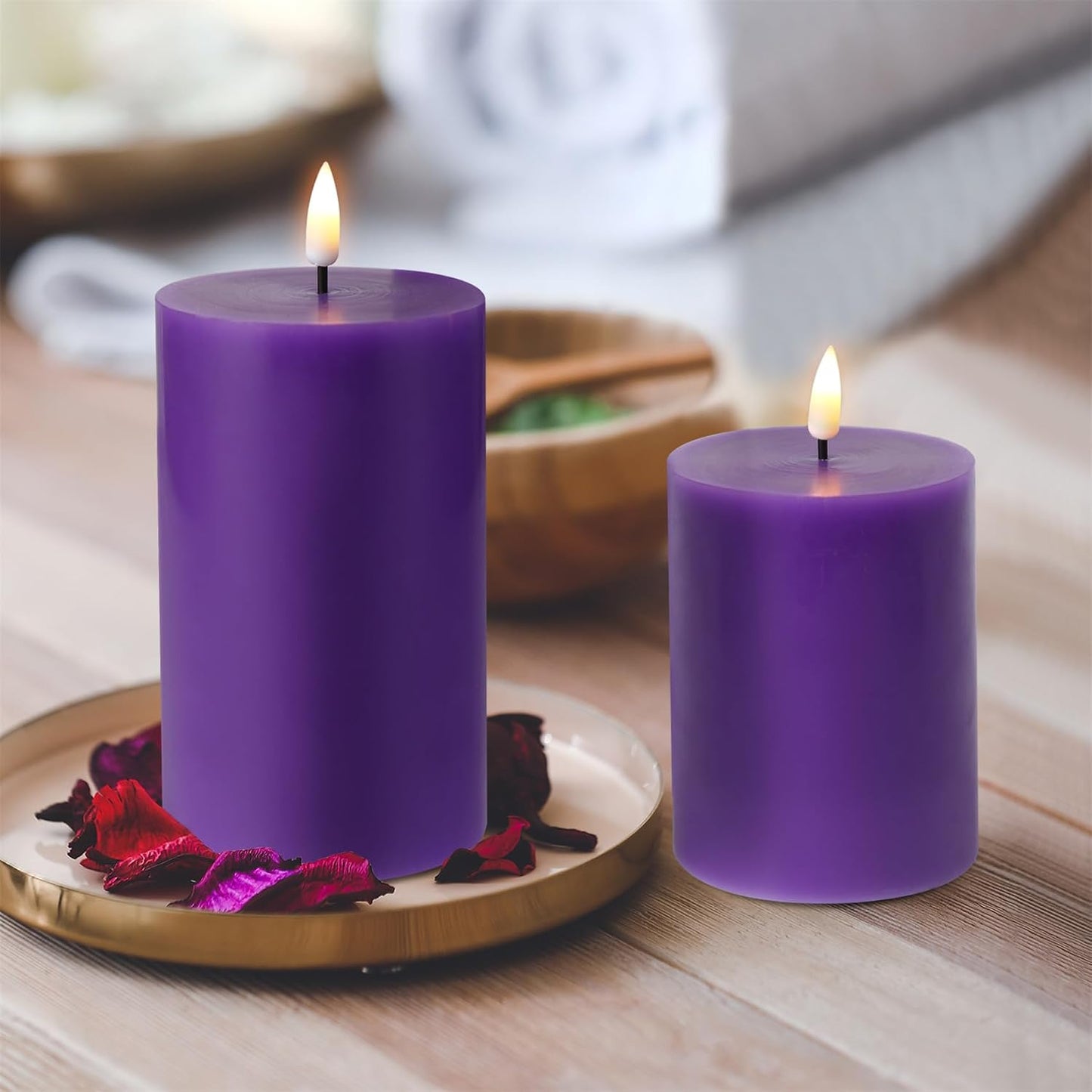 Purple Flameless Pillar Candles with Remote Set of 3 | Flickering LED Candles, 2 AA Battery Power, Flat Top Real Wax