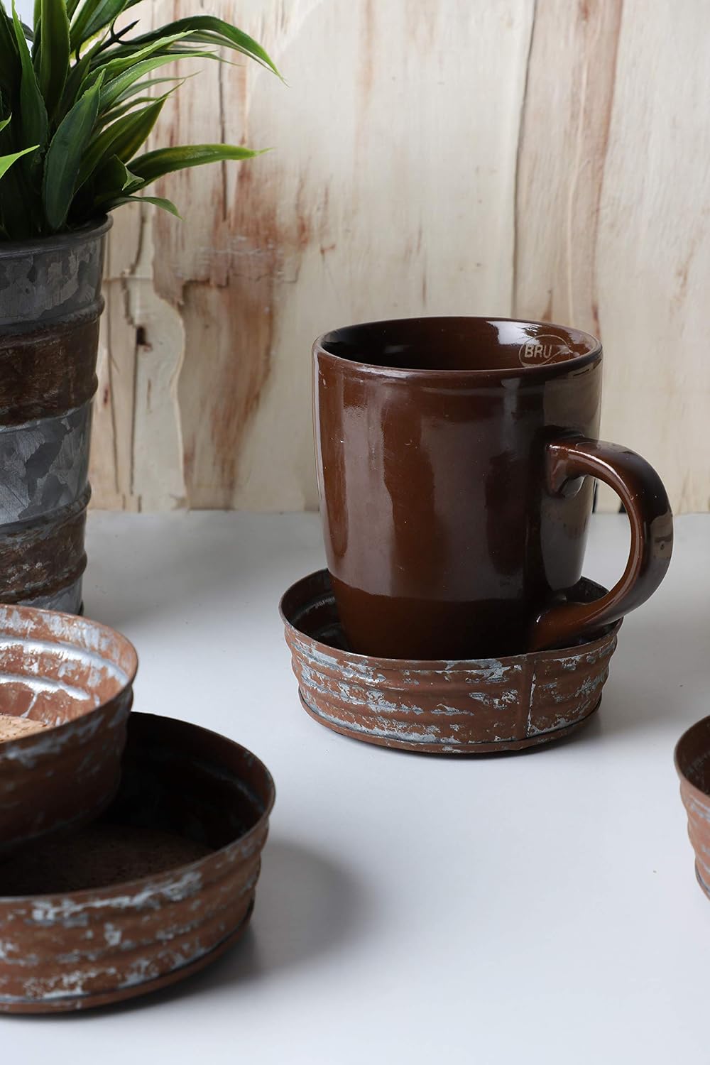 Rustic Mason Jar Lid Cork Coasters Handmade Galvanized Iron Coasters / Distressed Brown / Set of 4