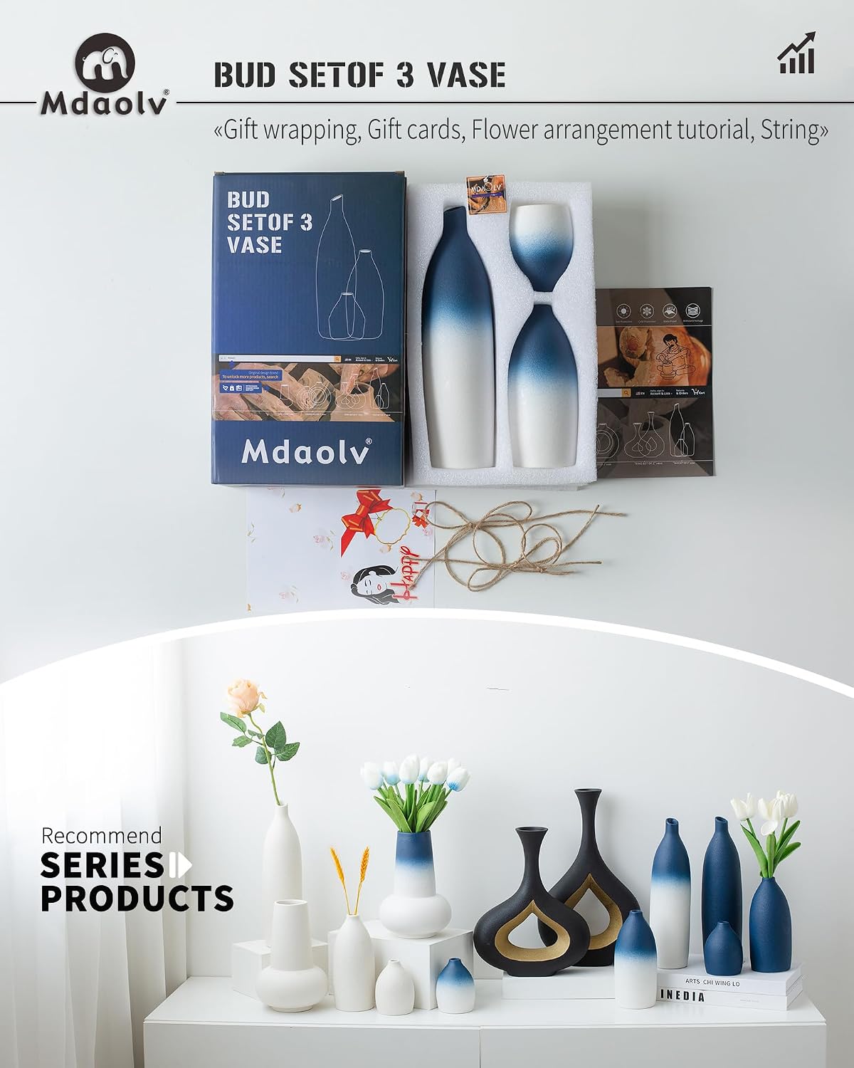 Blue and White Vase Set Navy Blue Decor Coastal Decor Vases / White and Blue