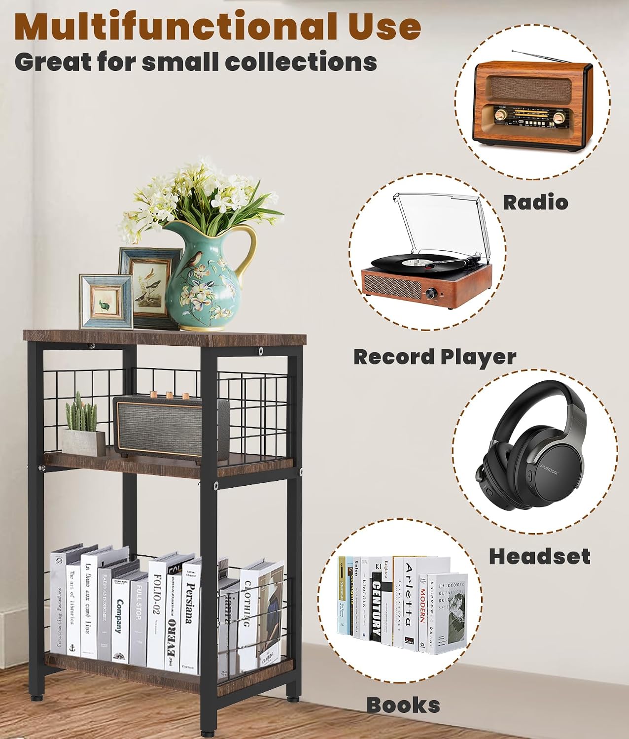 Vinyl Record Player Stand 3 Tier End Table with Double Layer Black | Turntable Record Stand Storage Up to 100 Albums