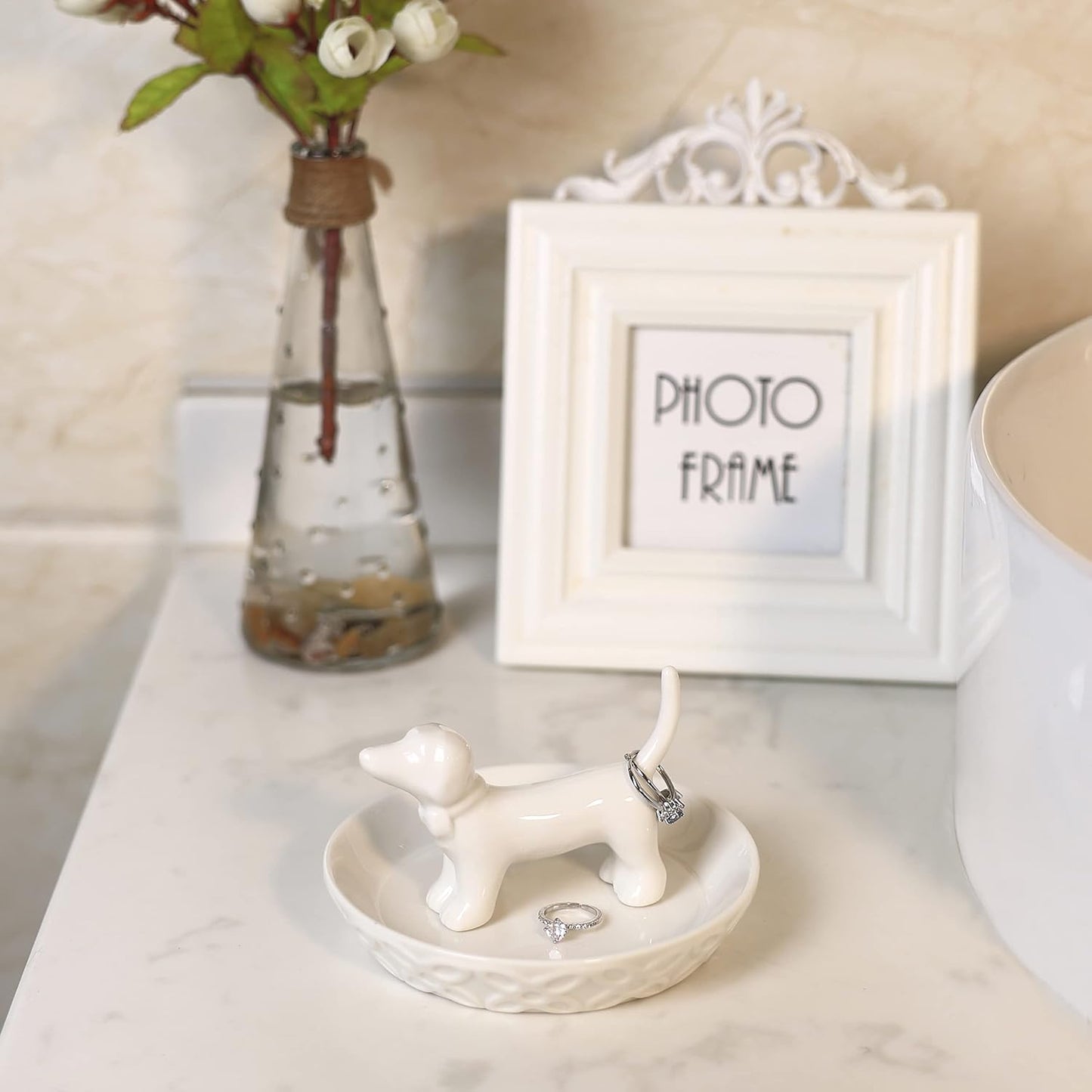 Ceramic White Jewelry Holder / White Dog