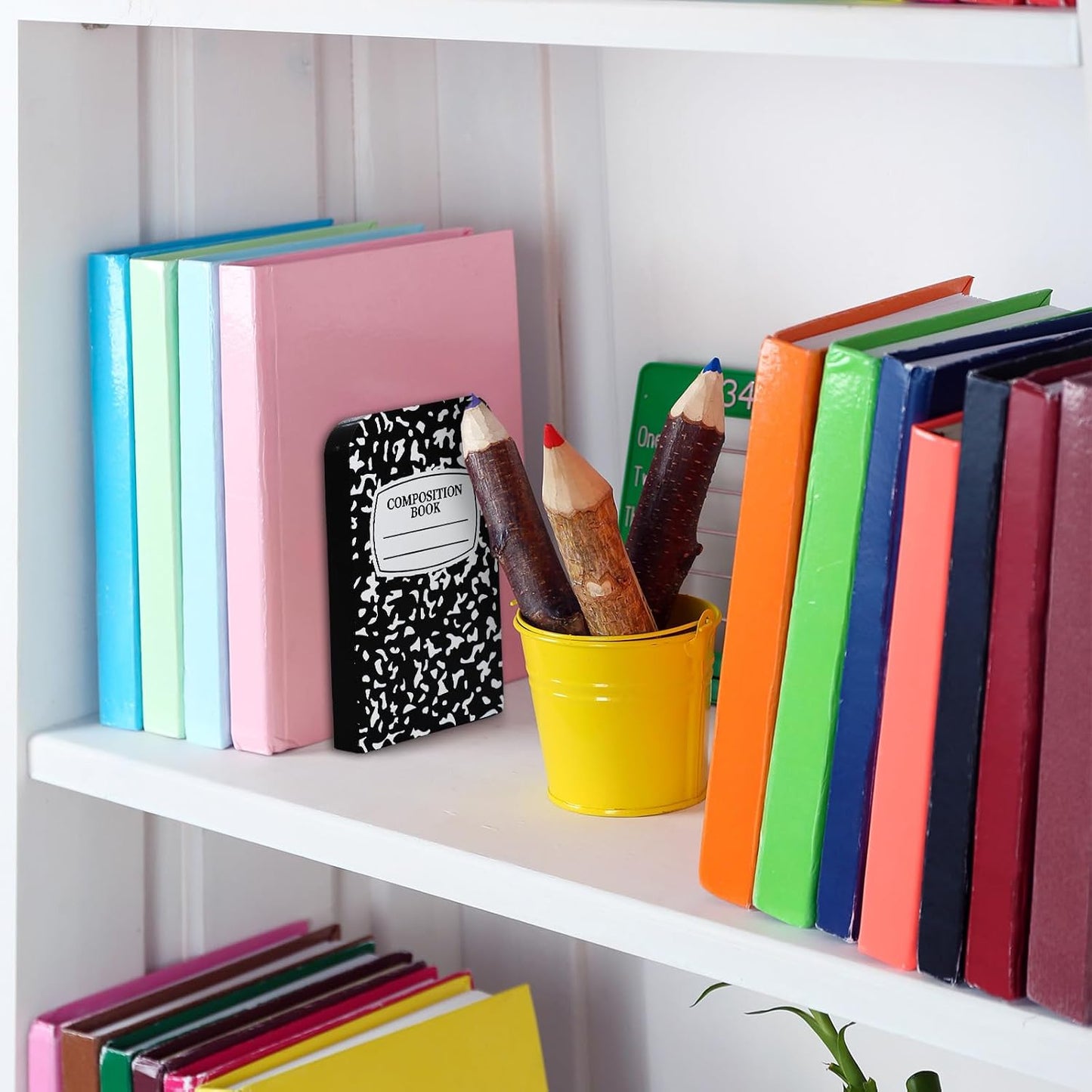 Back to School Wood Bookends Non Skid Book Stoppers Composition Notebook Pencil Crayon / Set of 6
