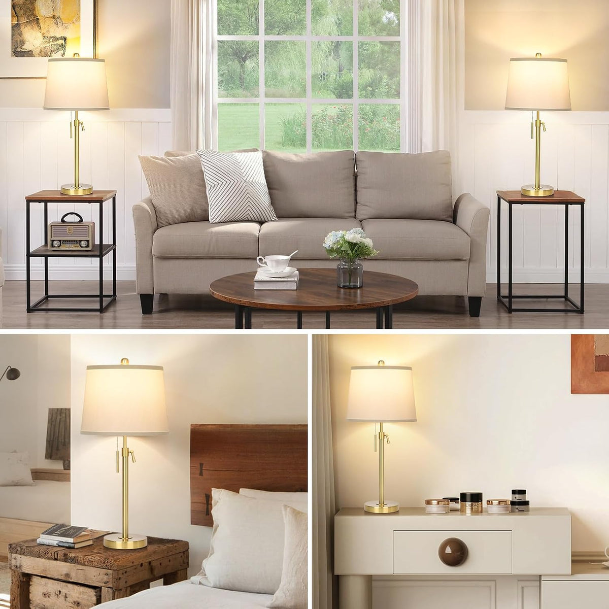 Modern Gold table Lamp 22" to 30"Adjustable Height 3 Brightness Way Brass Nightstand with White Linen Shade Pull Chain
