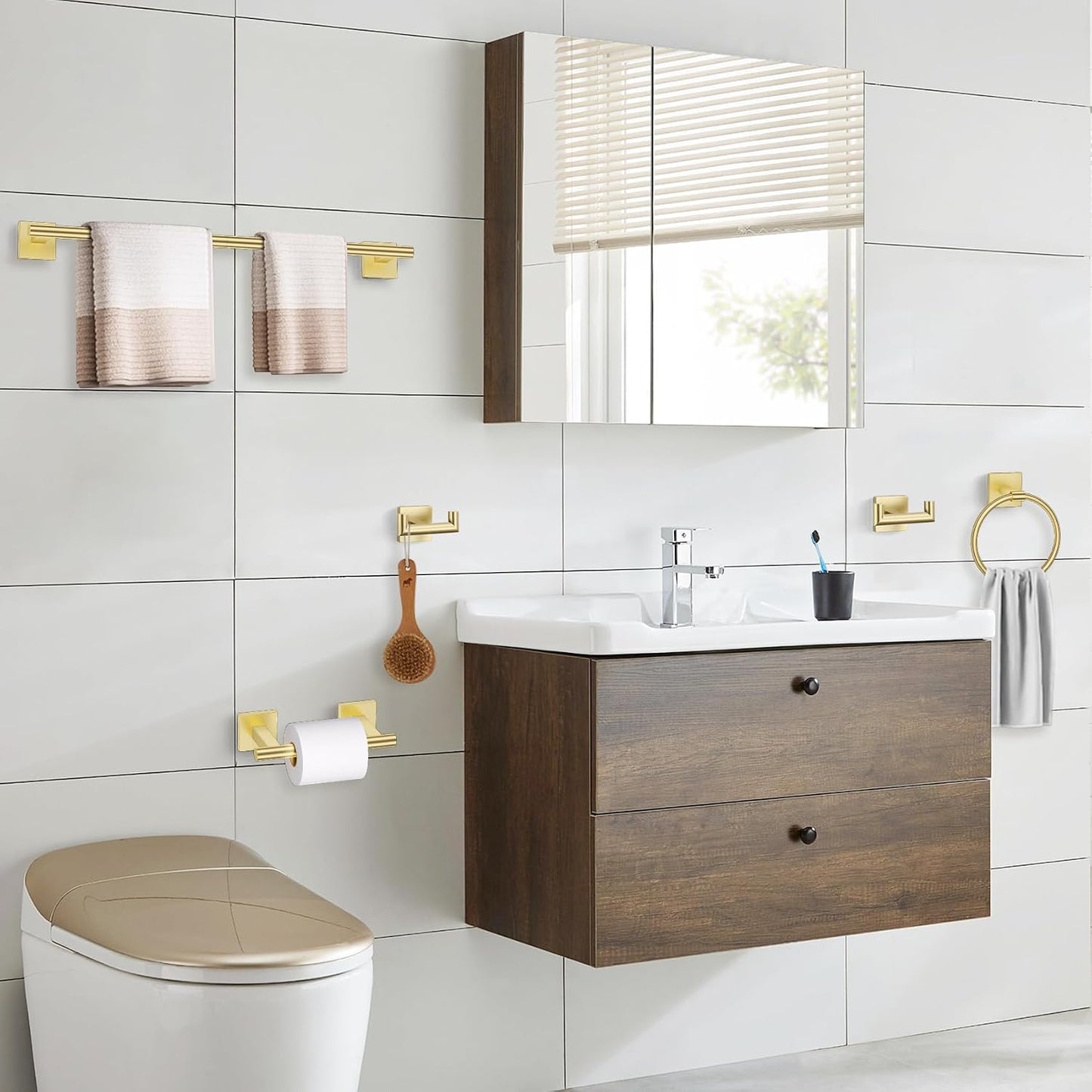 Brushed Gold Towel Bar Set, 5 Pieces Double Dase Toilet Paper Holder Bathroom Hardware Set, 23.6 Inch Stainless Steel