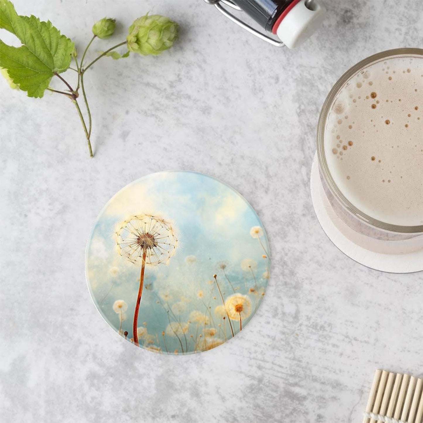 Spring Floral Dandelion Flower Style Ceramic Coasters / 4 In / Color0509 / White / Set of 4
