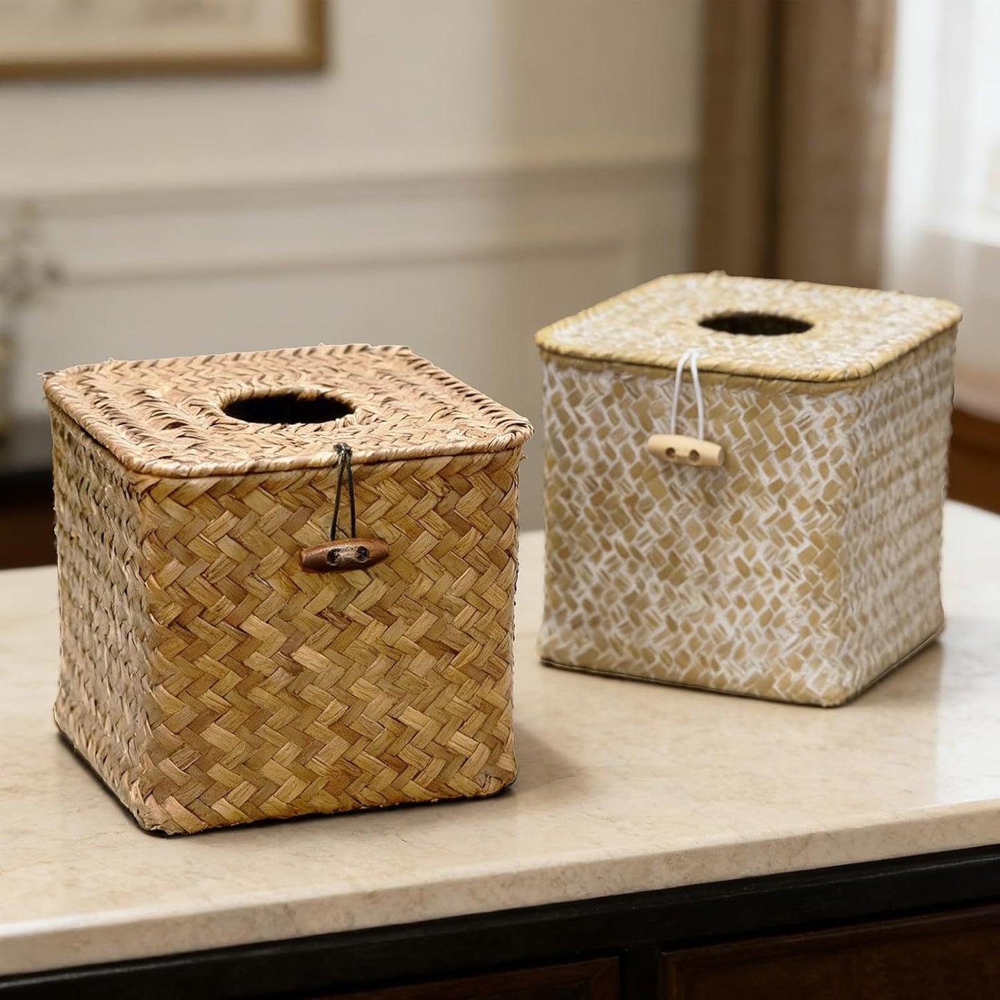 Woven Square Tissue Box Cover / Whitewash / Natural