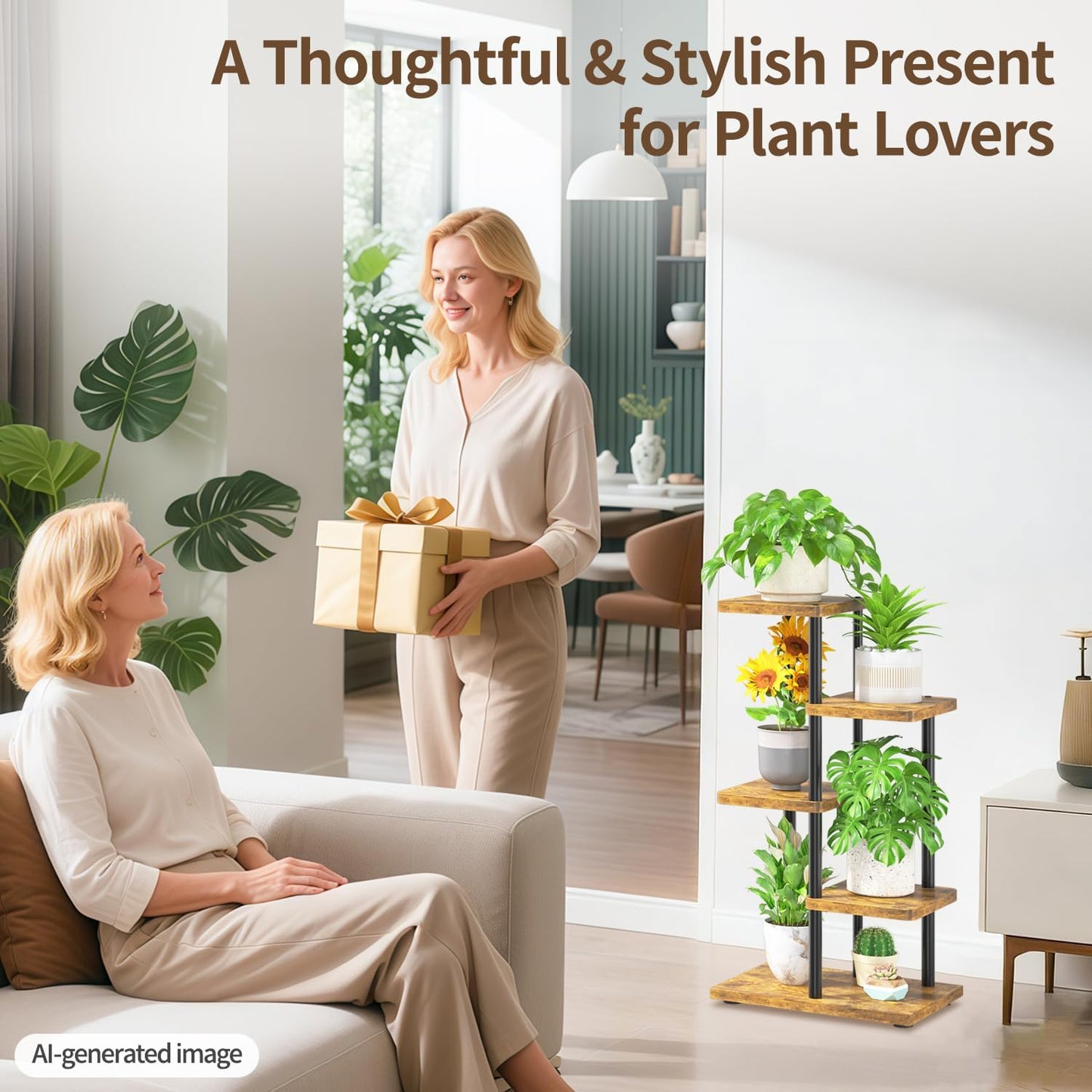 LASZOLA Plant Stand Shelf Tall for Indoor Corner, 4 Tier Wood Brown | Heavy Duty Multi Level Vertical Flower Rack for